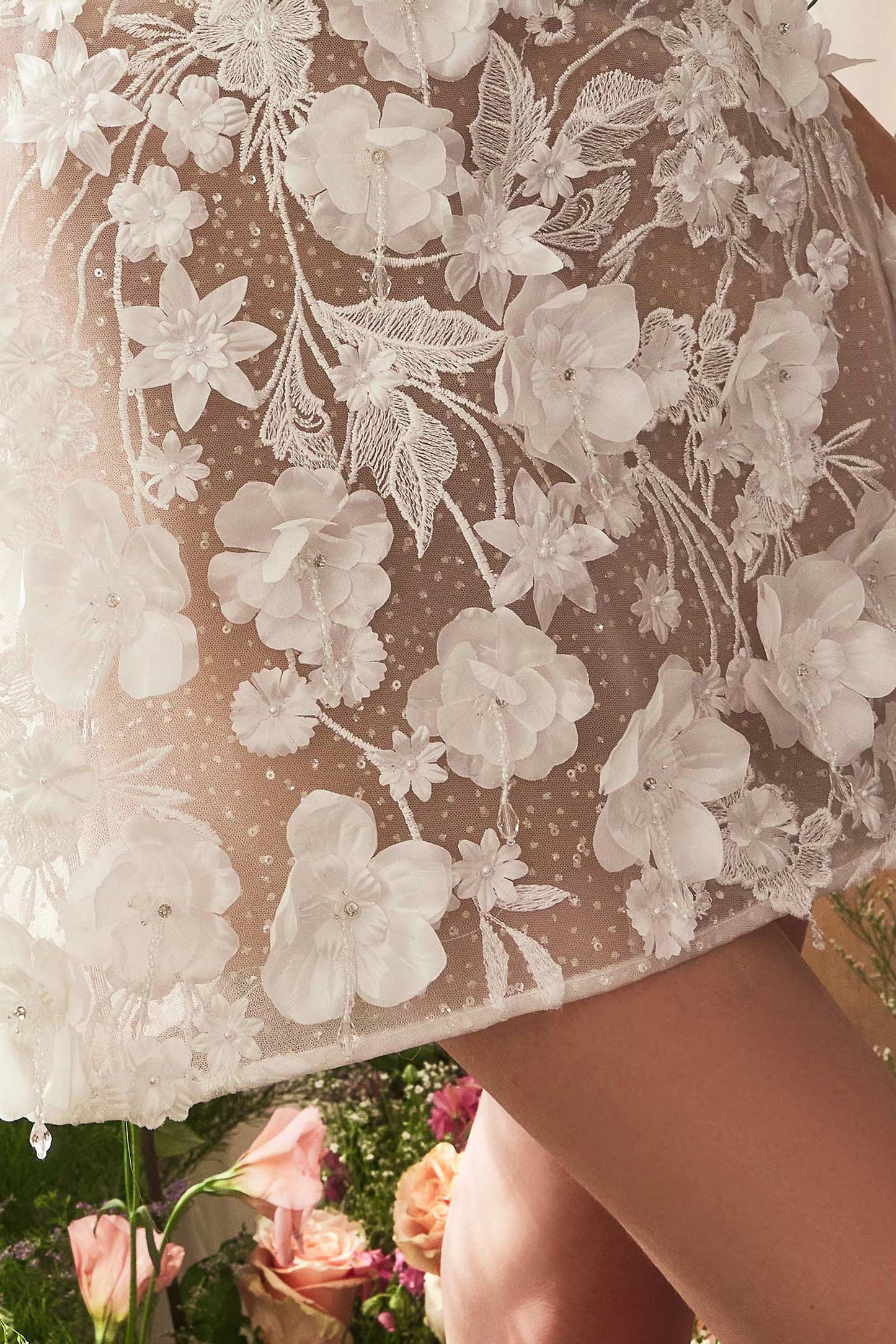 WL085 DIMENSIONAL FLORAL & LACE STRAPLESS SHORT BRIDAL MINI DRESS Andrea & Leo
