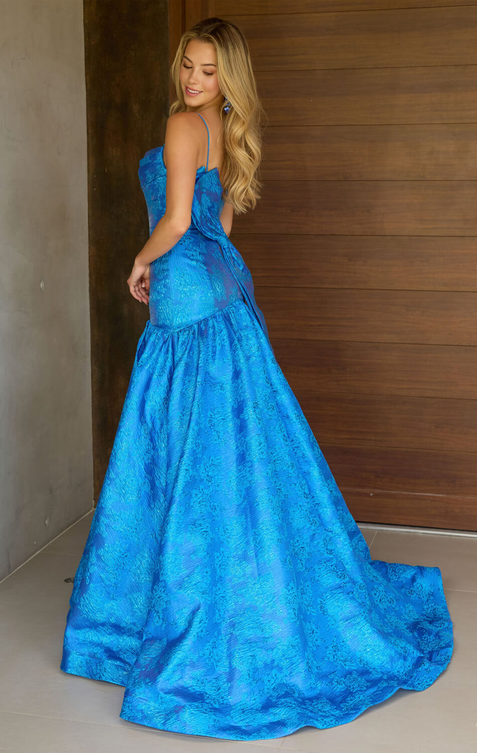 26419 Ava Presley Metallic Brocade Gown With Bow