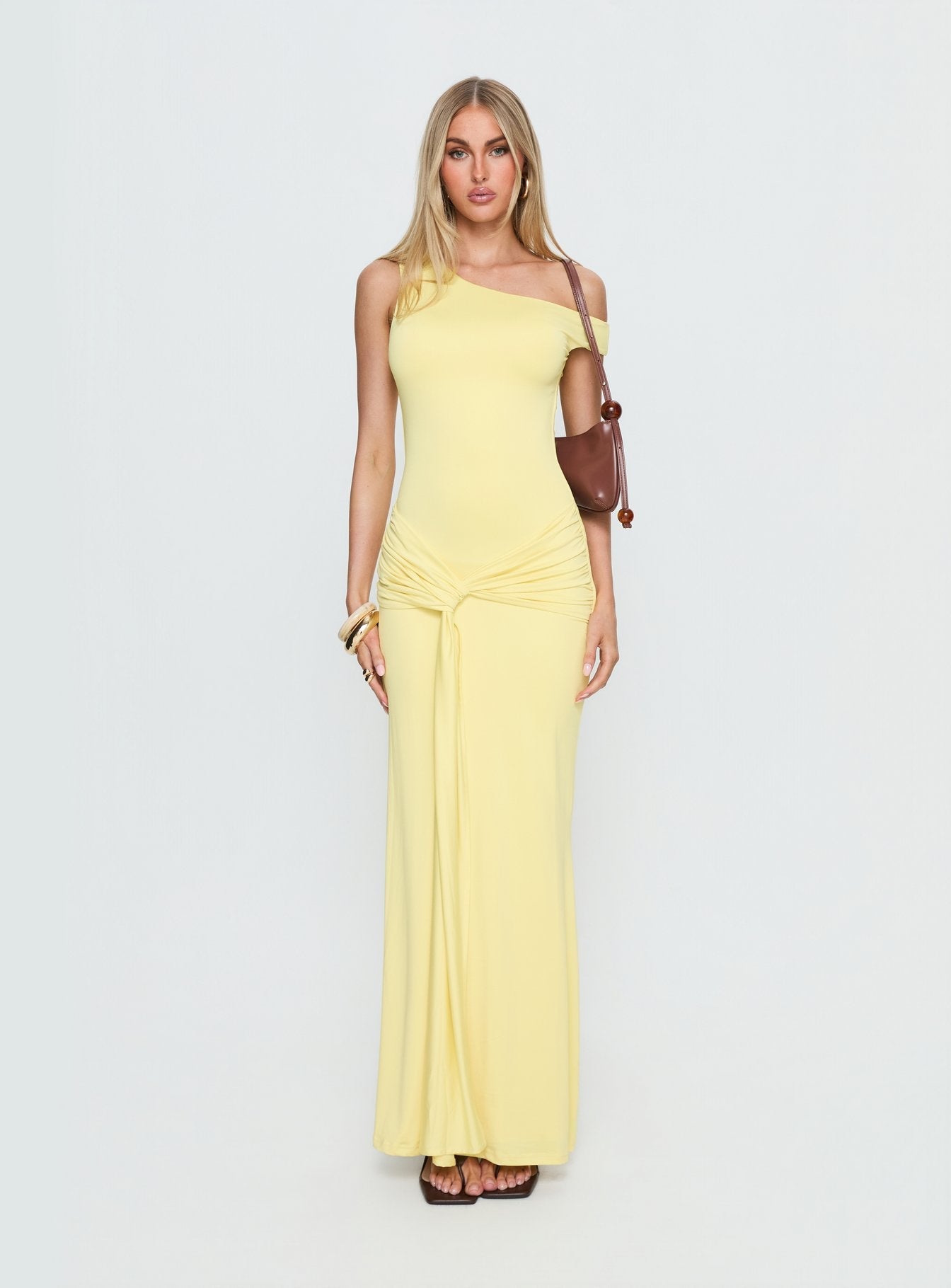 Get Lucky Drape One Shoulder Maxi Dress Lemon Yellow