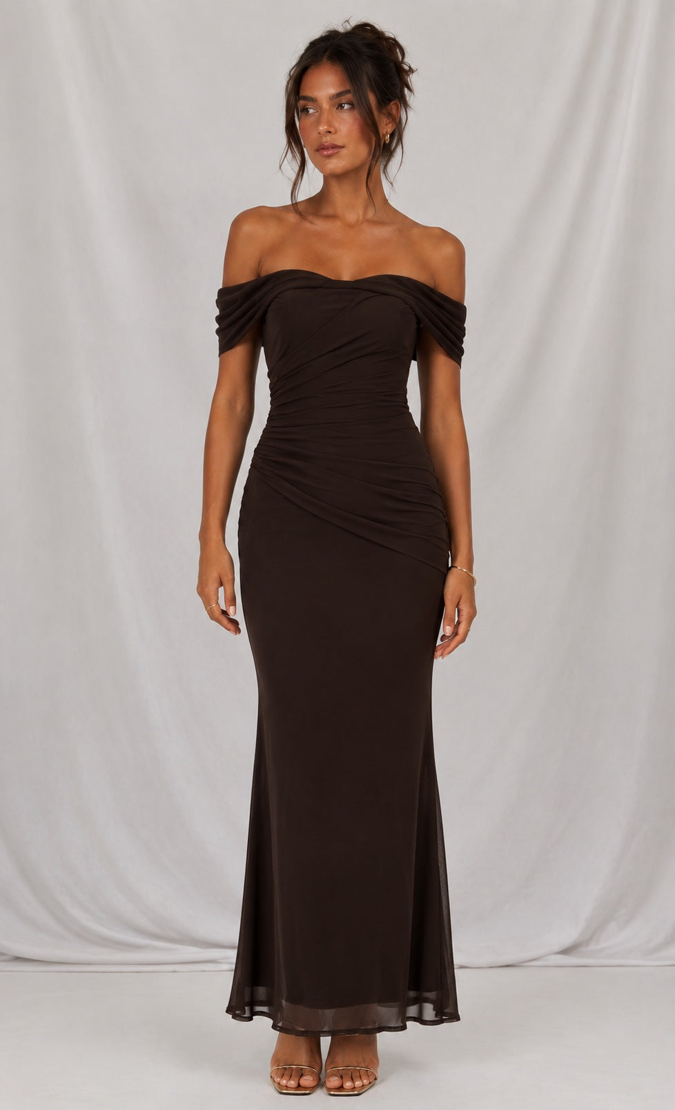 Sofia Maxi Dress Chocolate Off-the-Shoulder Ruched Mesh Dress