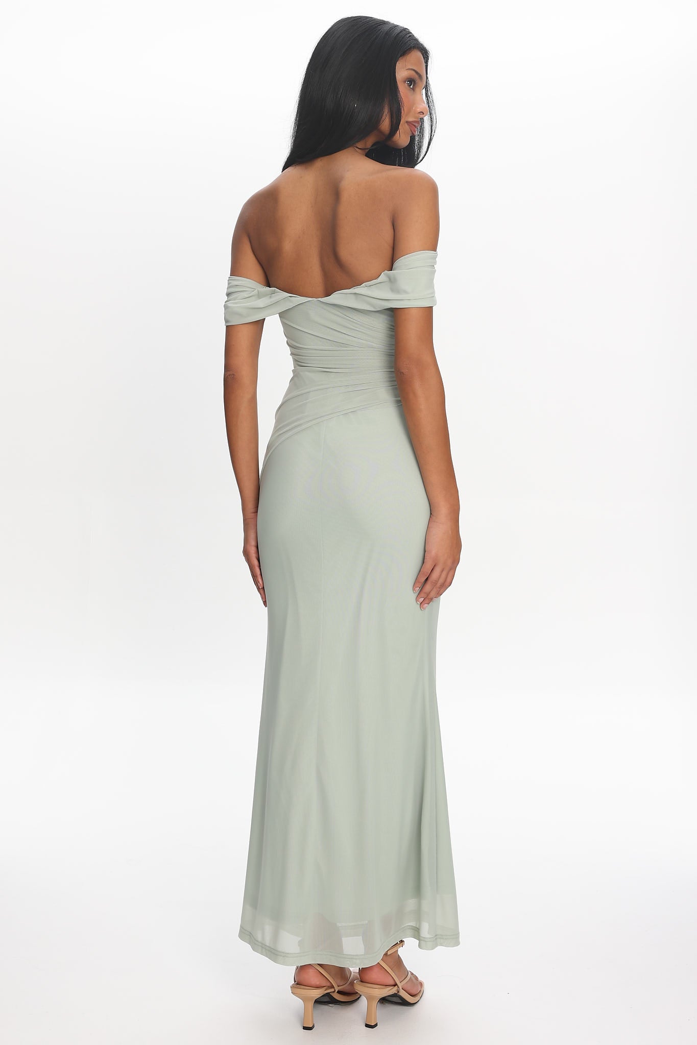 Sofia Maxi Dress Sage Off-the-Shoulder Ruched Mesh Dress