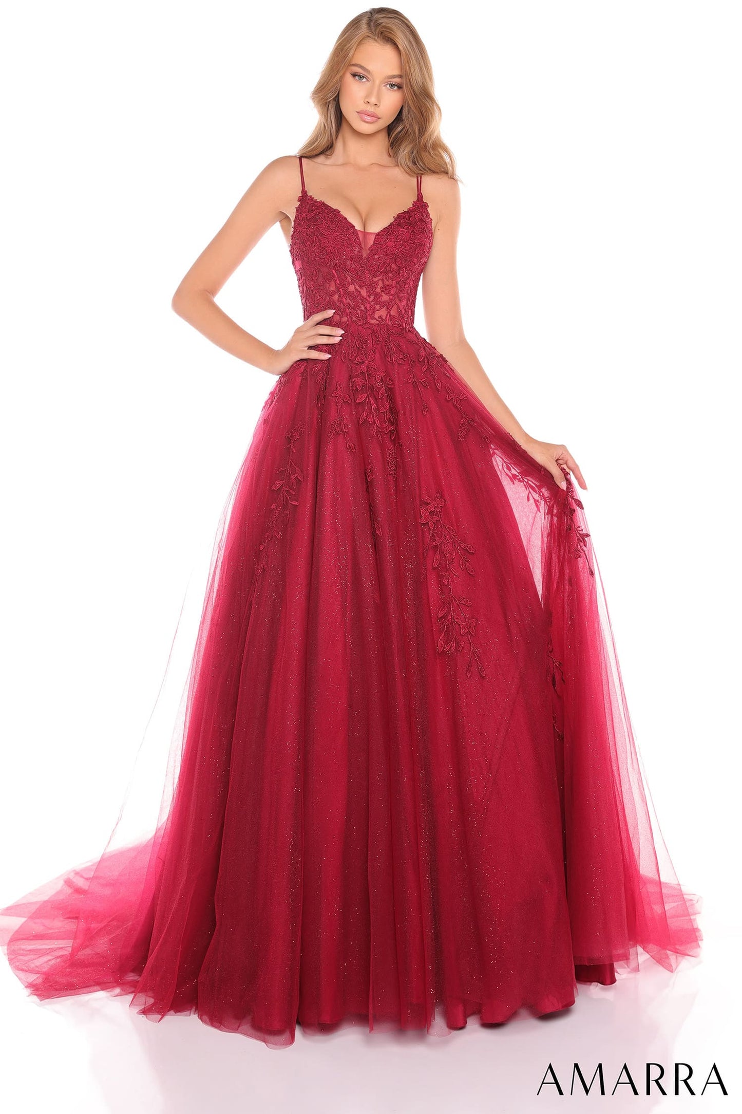 88536 Amarra Floral Ball Gown With Plunging V-Neckline