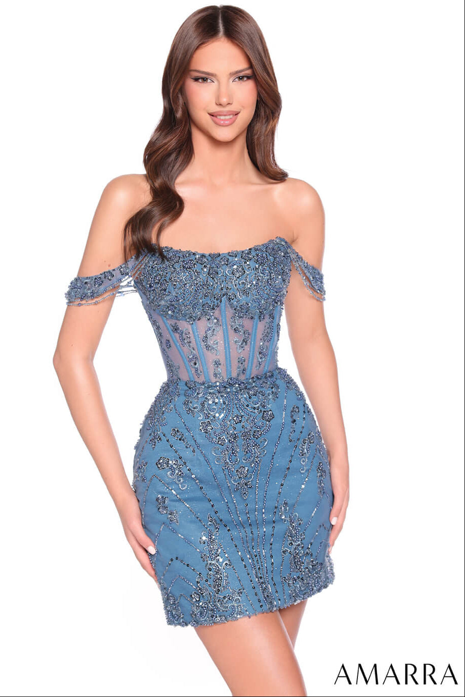 88900 Amarra Off-Shoulder Beaded Mini Dress