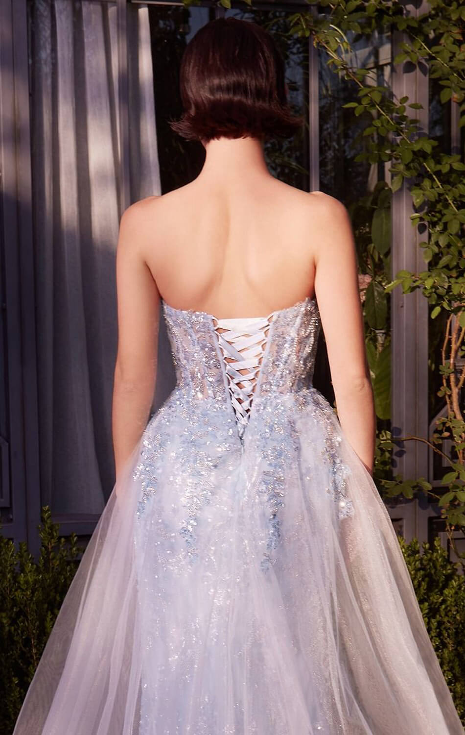 A1365 Strapless Glitter Gown with Overskirt Andrea & Leo