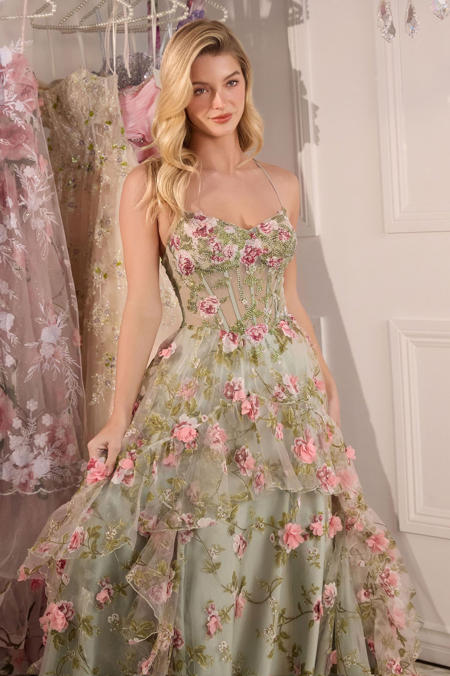 A1420 SAGE FLORAL PRINT CORSET A- DRESS Andrea & Leo