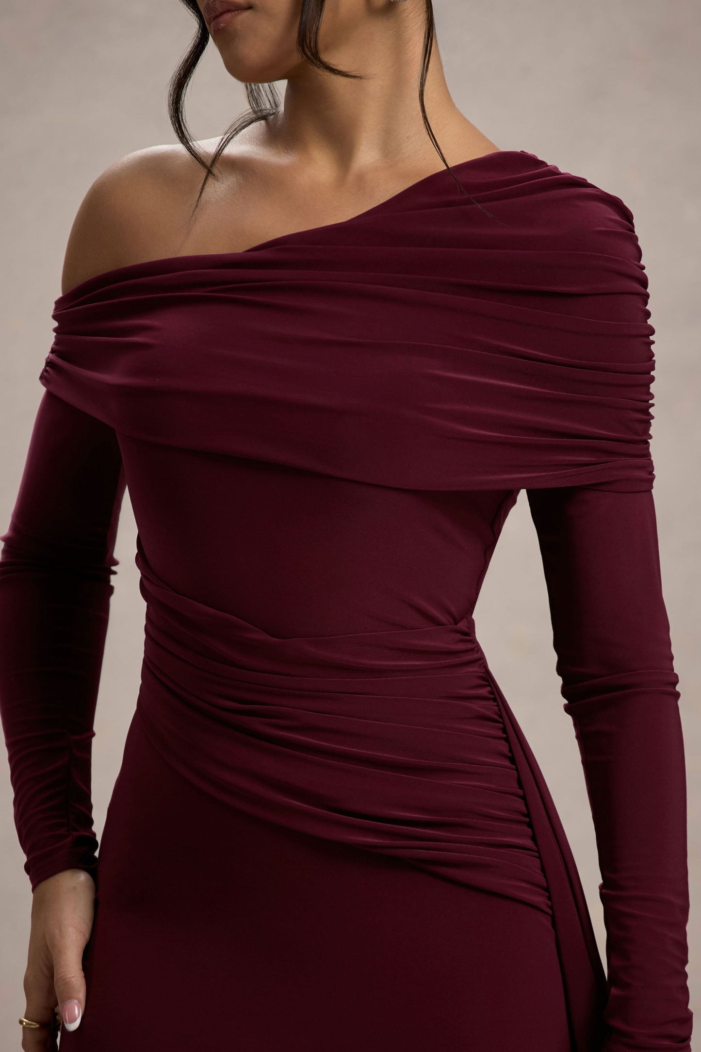 Valina | Burgundy Ruched Asymmetric Maxi Dress With Drape