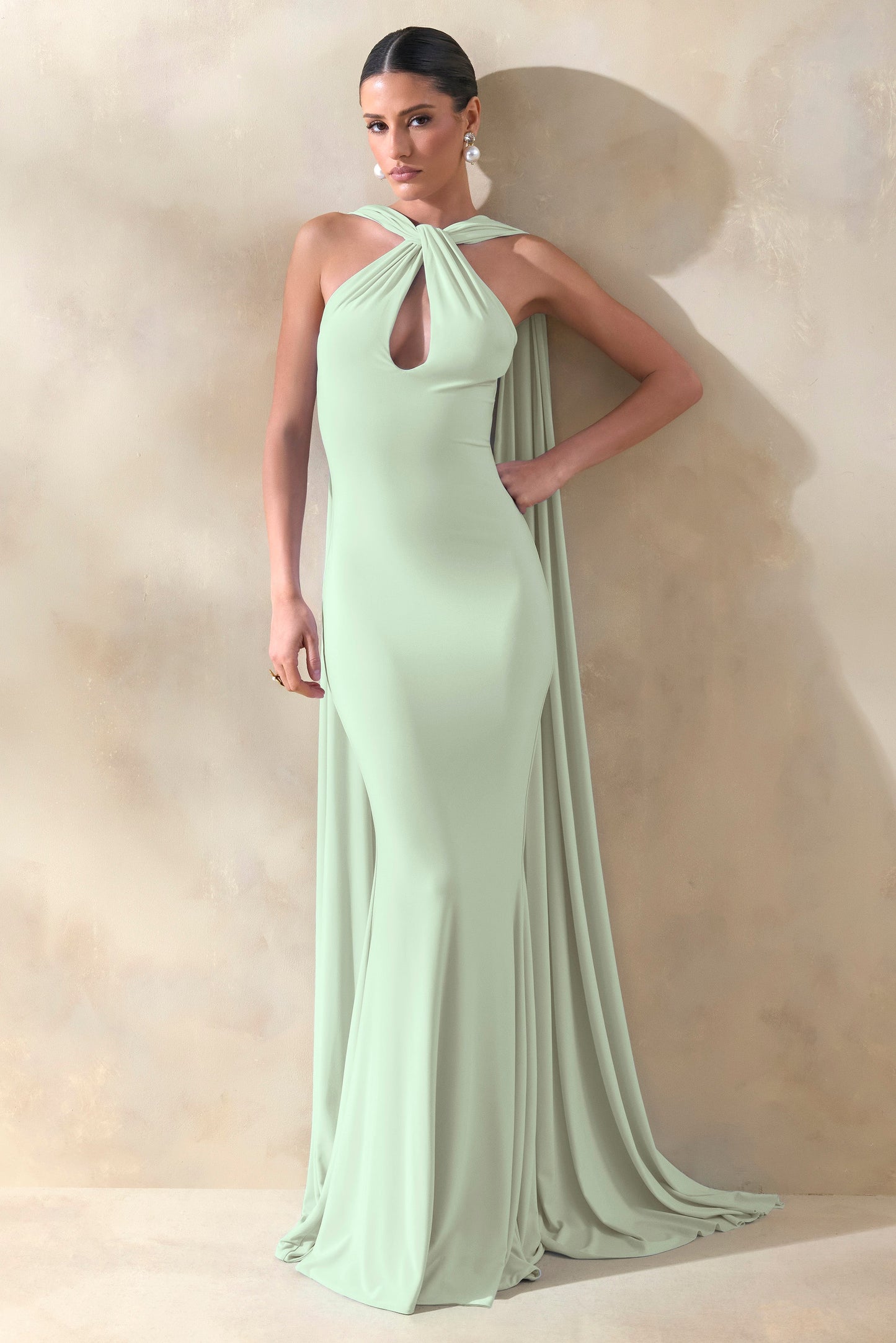 Rhoda | Mint Twist Halter-Neck Cape Maxi Dress