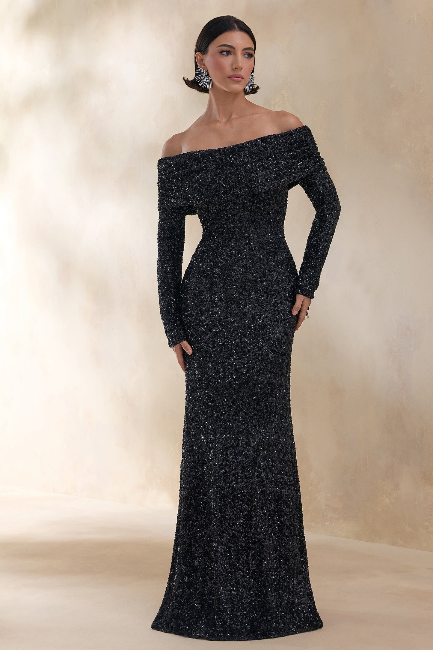 Obsession | Black Sequin Bardot-Neck Maxi Dress With Long Sleeves
