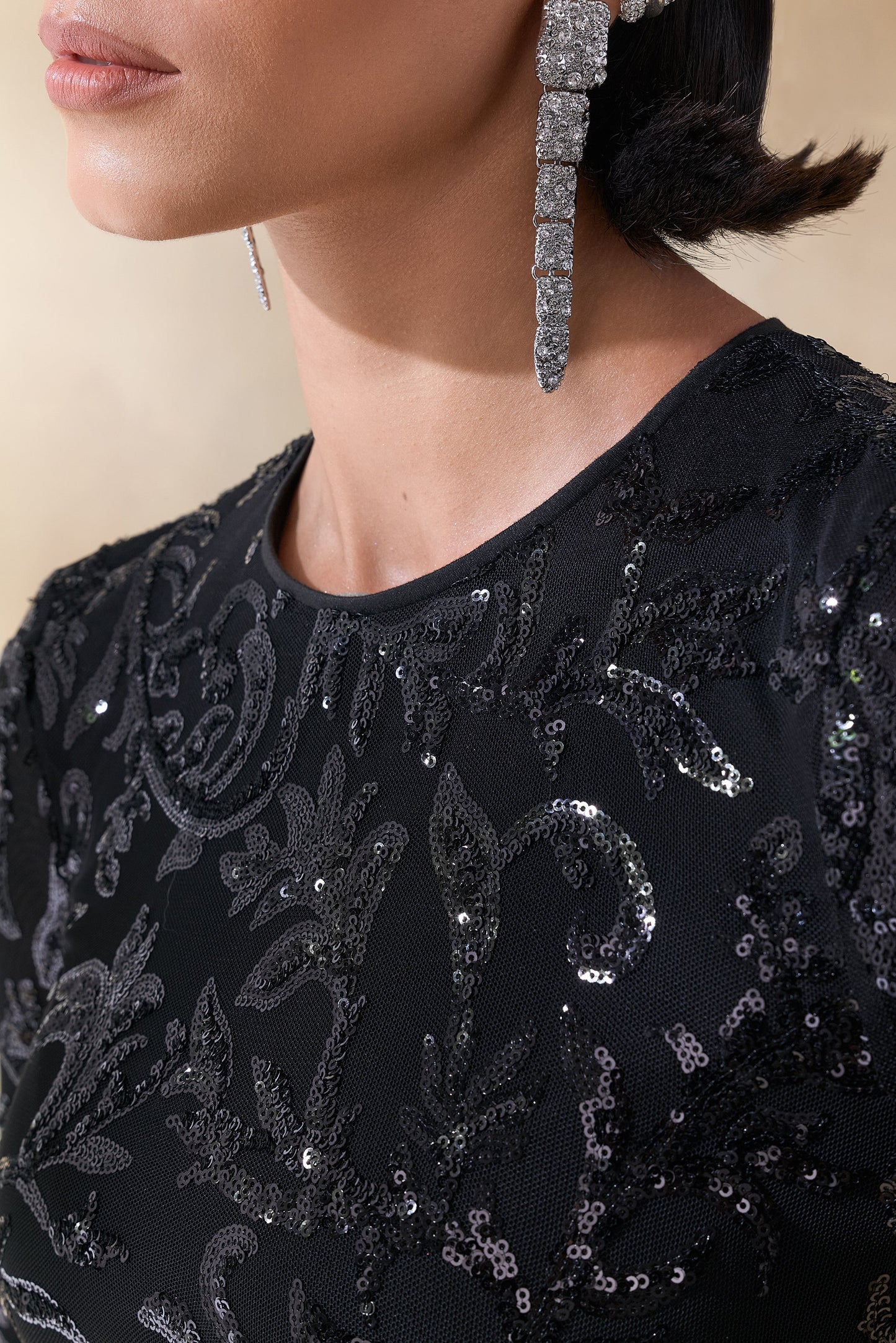 Stellar | Black Embellished Lace High-Neck Maxi Dress With Long Sleeves