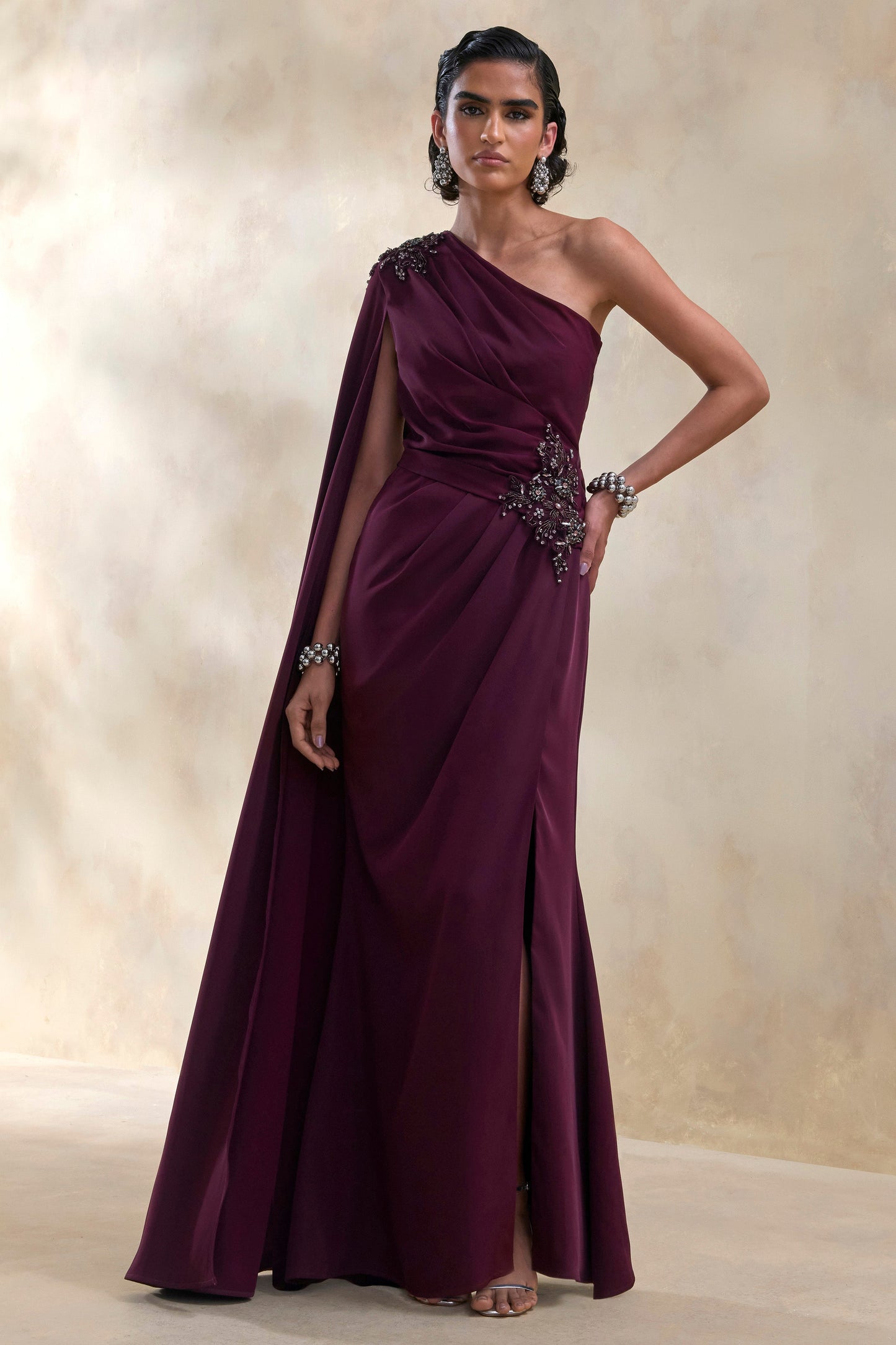 Solace | Dark Plum Asymmetric-Neck Maxi Dress With Front-High Split