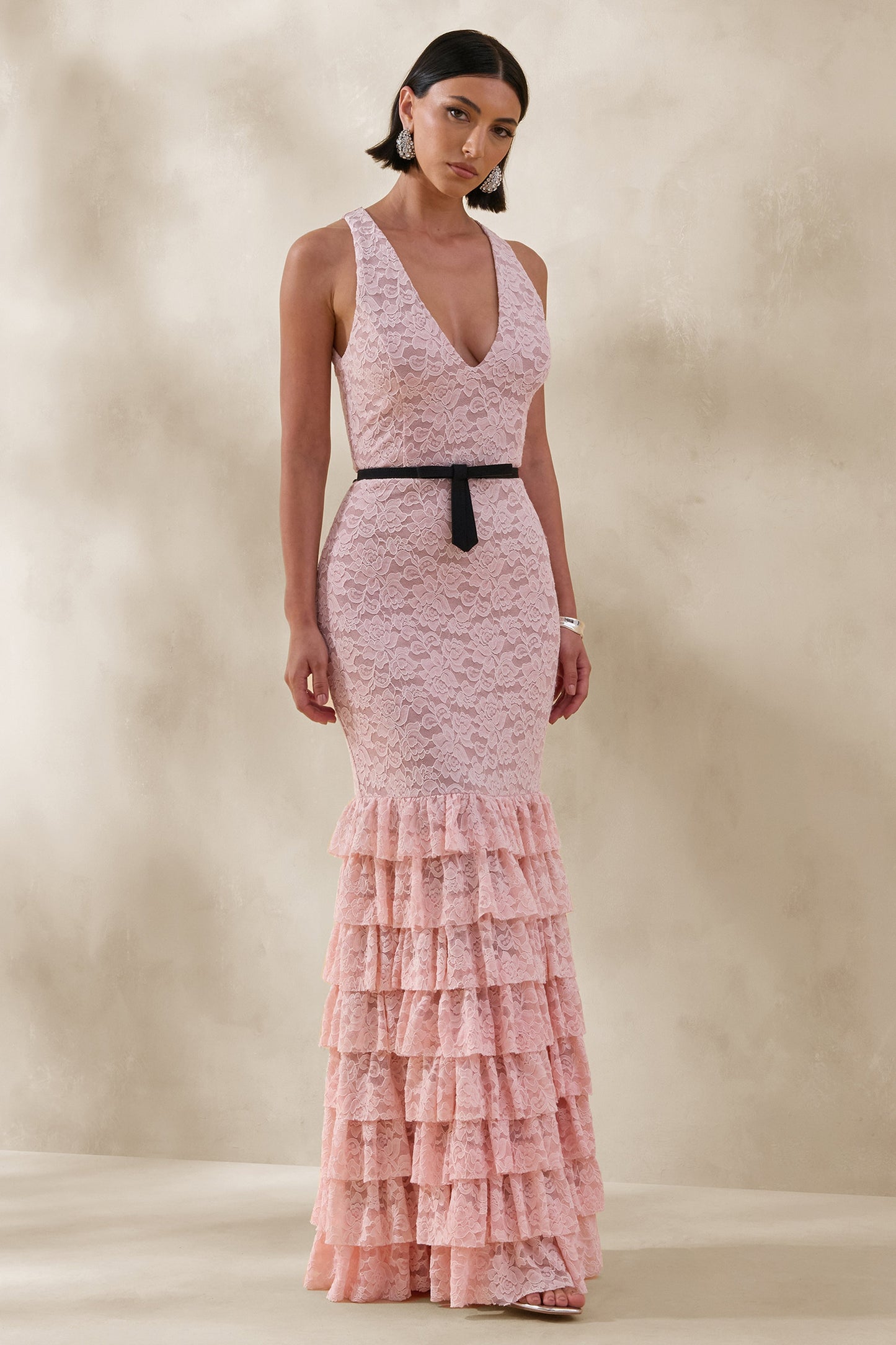 Isoria | Pink And Black Lace Halter-Neck Maxi Dress With Bow-Belt Detail