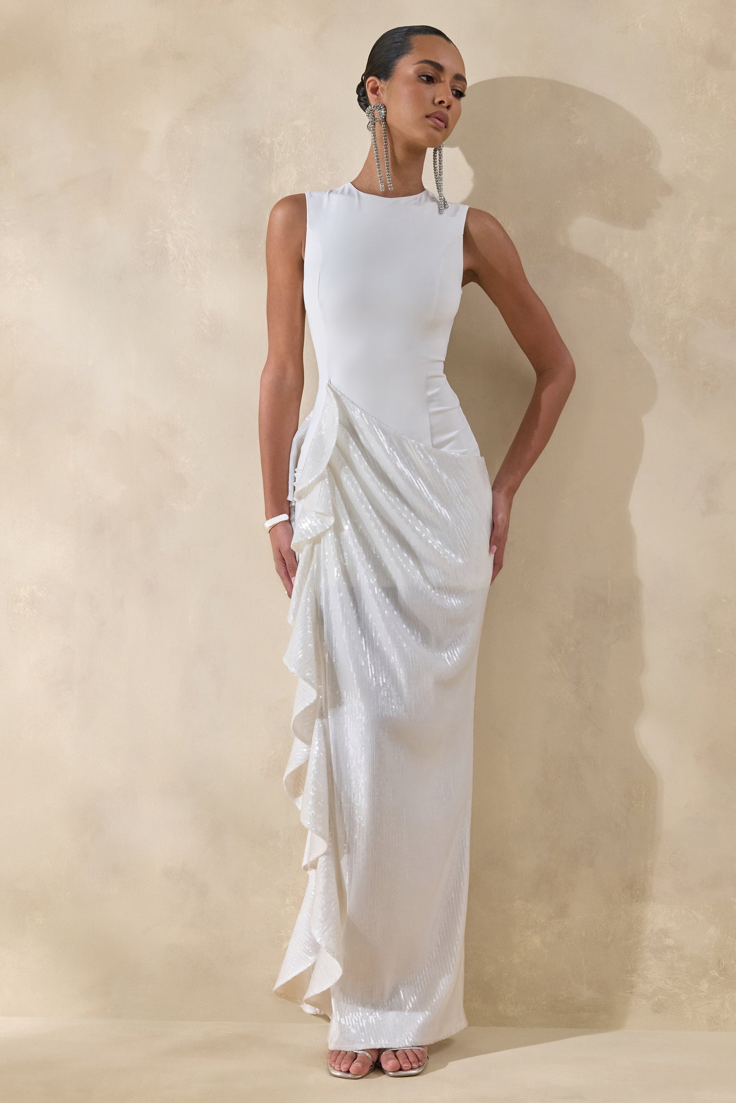 Ada | White Crew-Neck Maxi Dress With Sheer Sequin Skirt And Ruffled Detailing