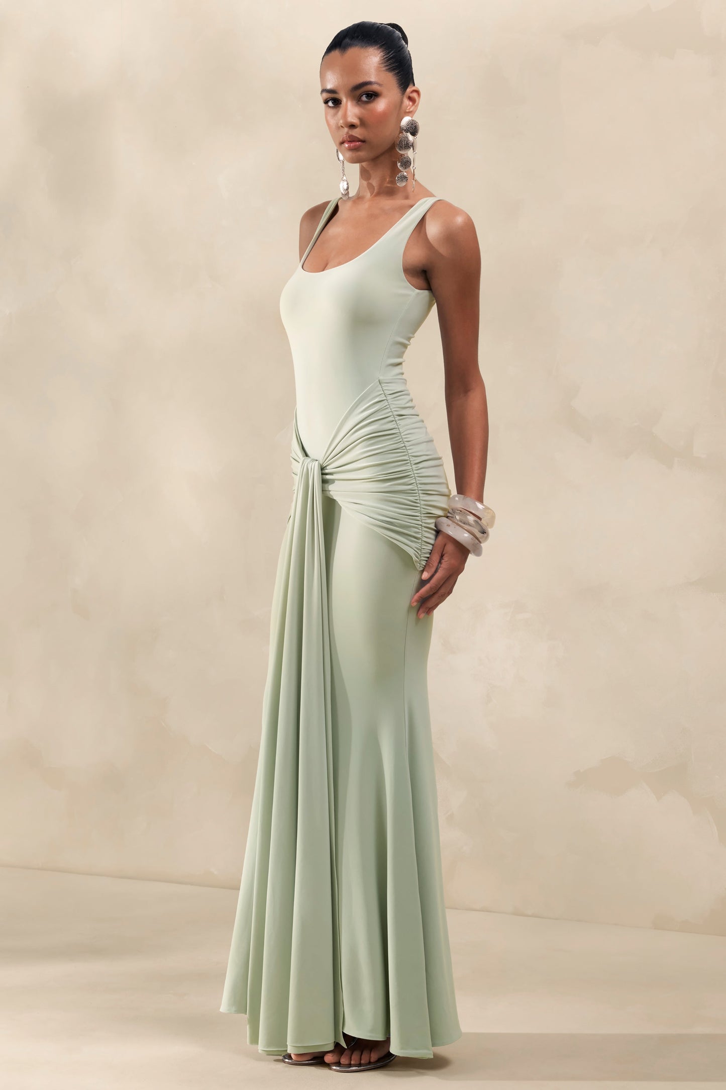 Solyra | Mint Square-Neck Maxi Dress With Sash And Cape Detail