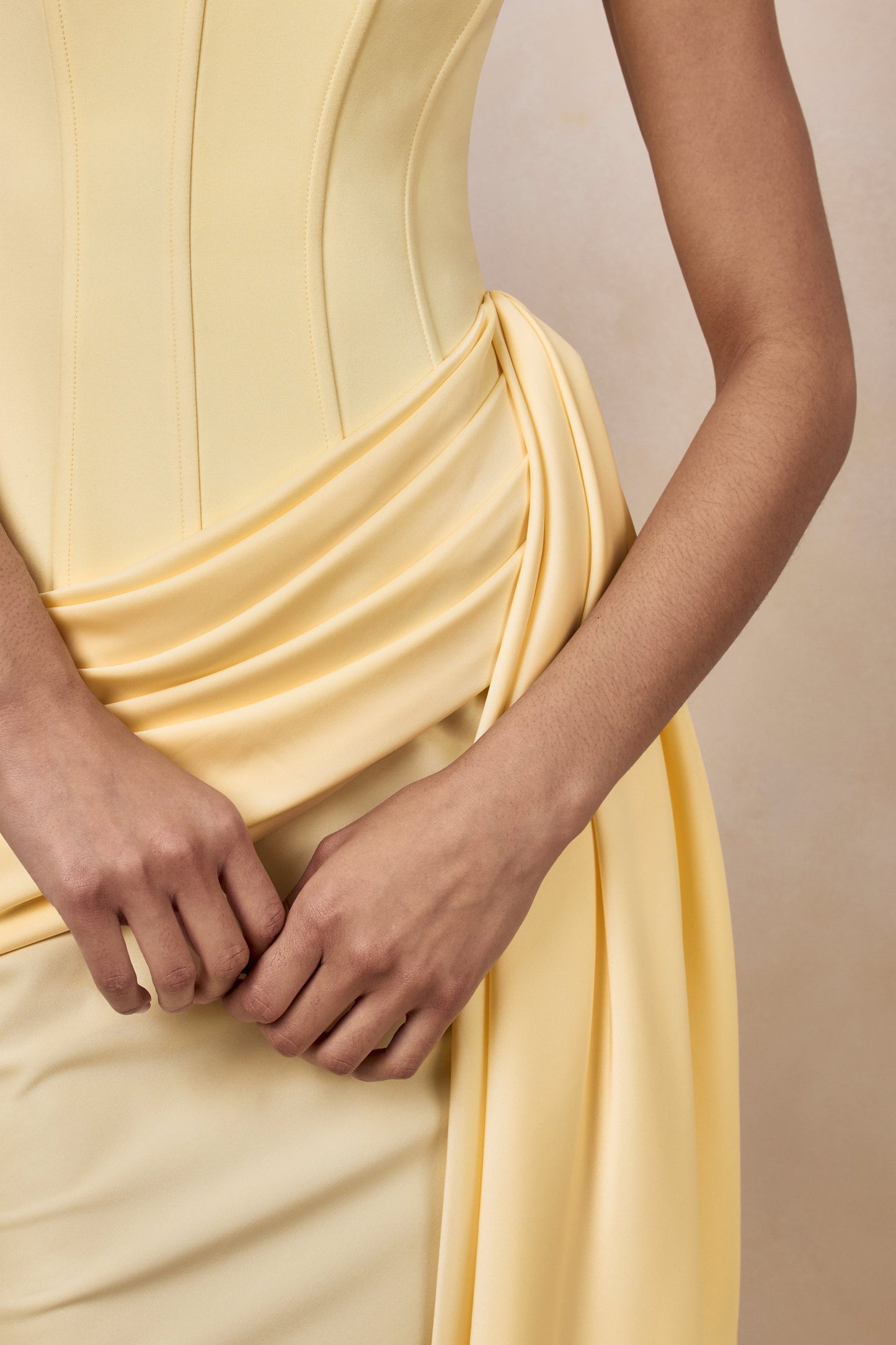 Nalira | Lemon Satin Bandeau Maxi Dress With Draped Skirt