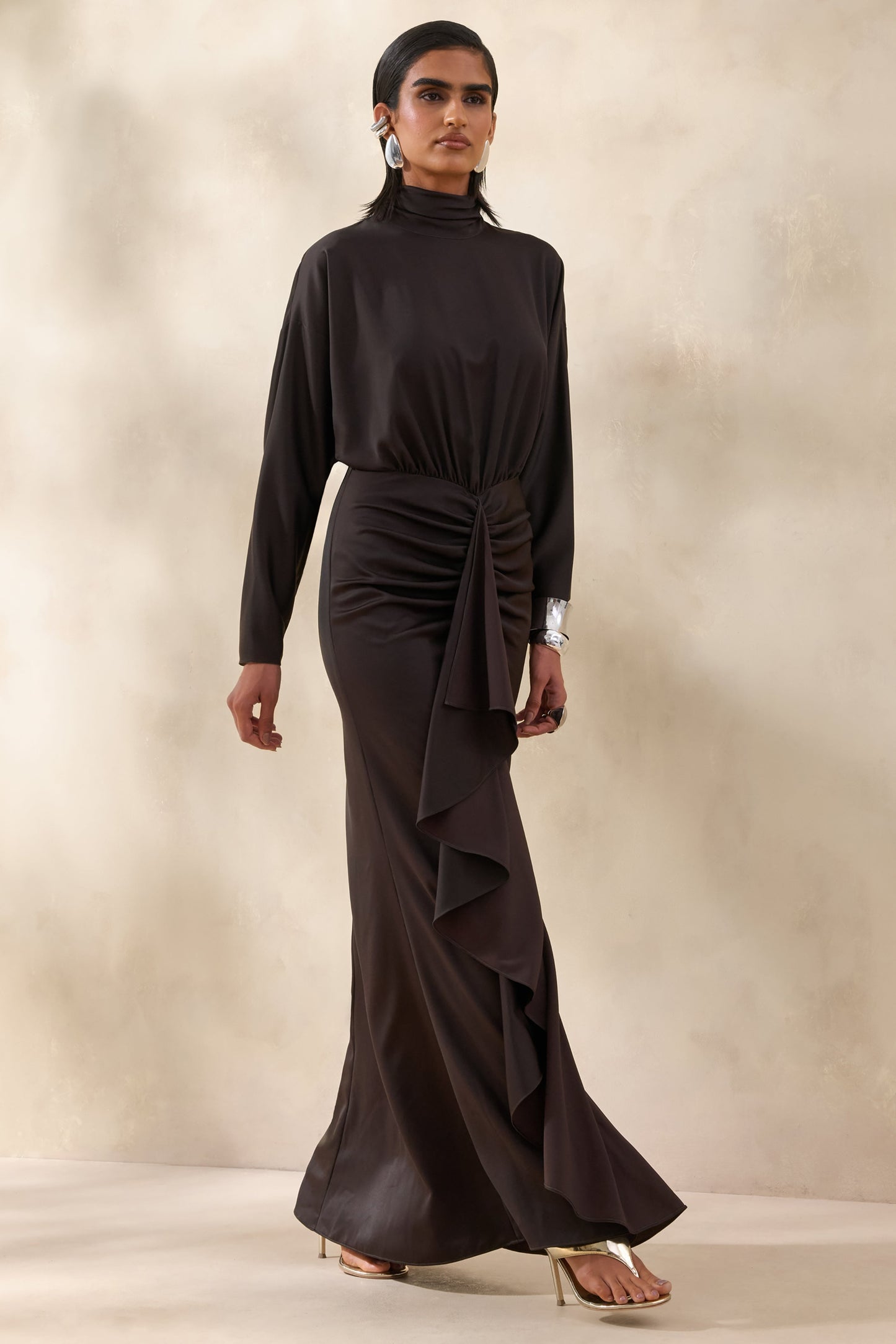 Perla | Dark Brown High-Neck Maxi Dress With Gathered-Detailing