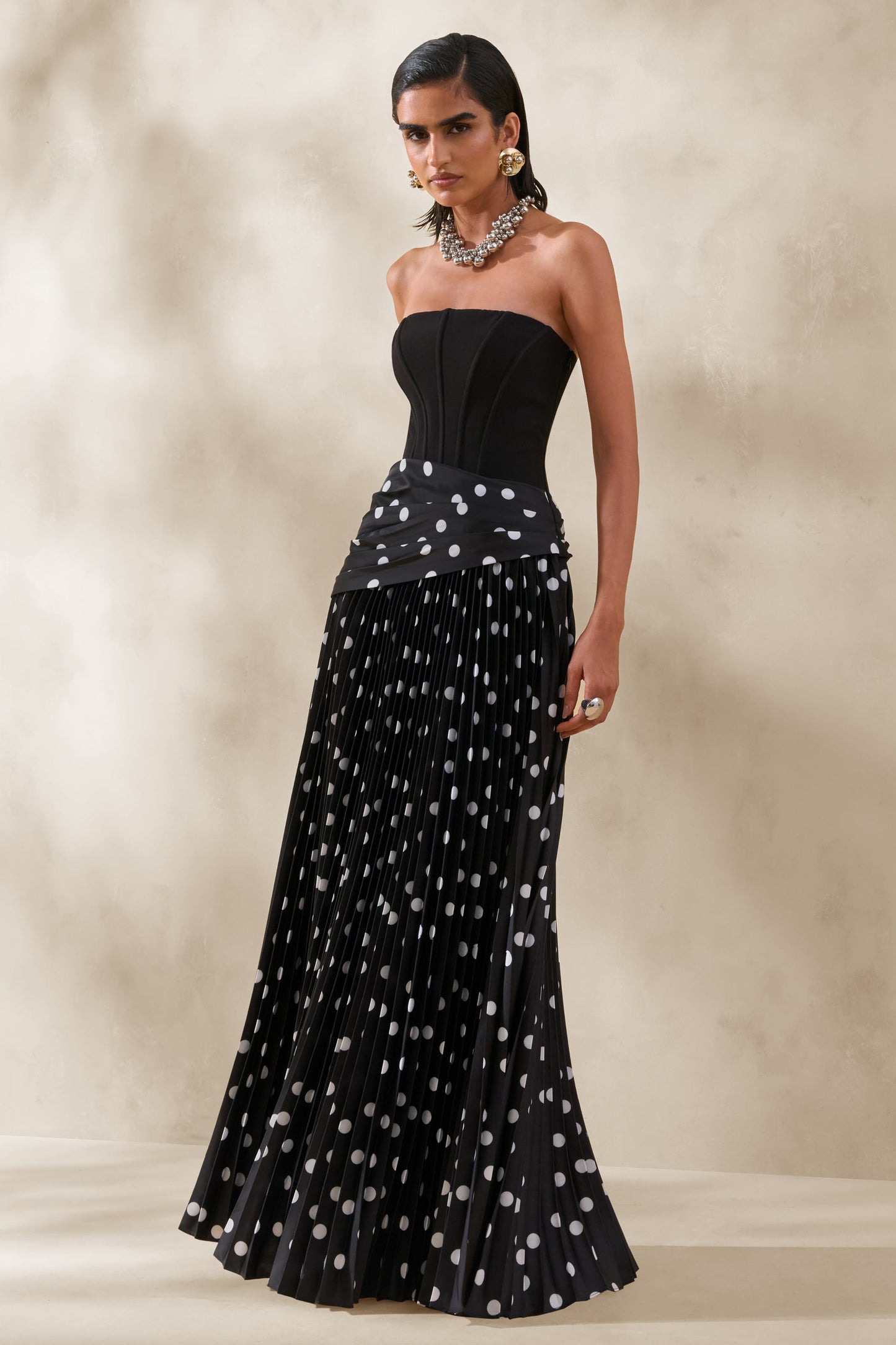 Valerisse | Black And White Polka Dot Bandeau Maxi Dress