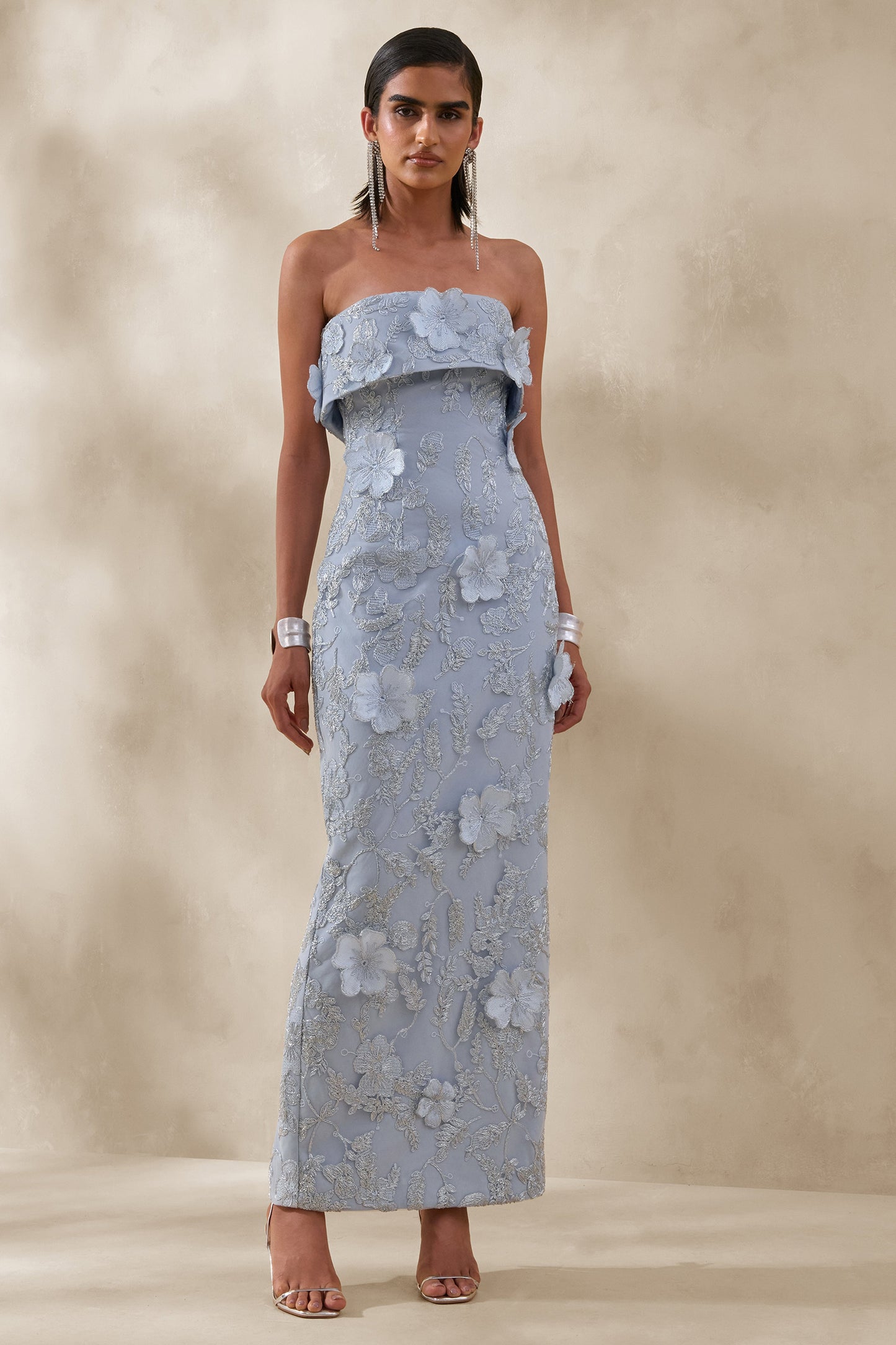 Misha | Light Blue 3D Floral Bandeau Maxi Dress