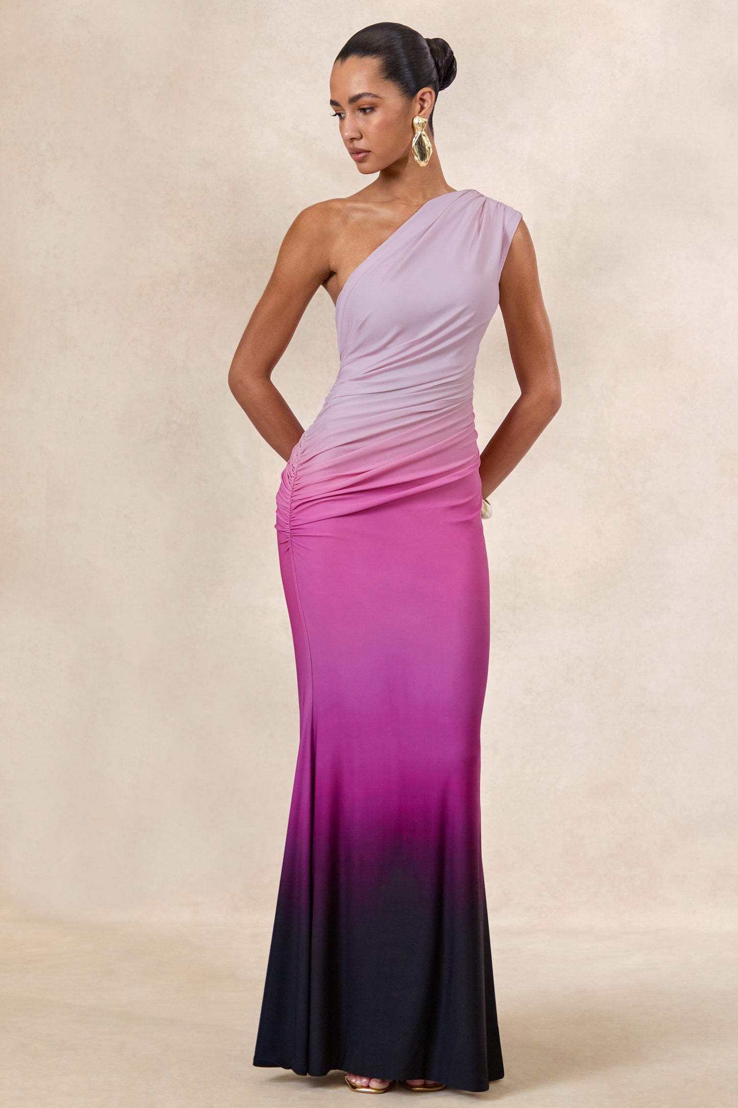 Lauretta | Pink Ombre Asymmetric Maxi Dress With Ruching