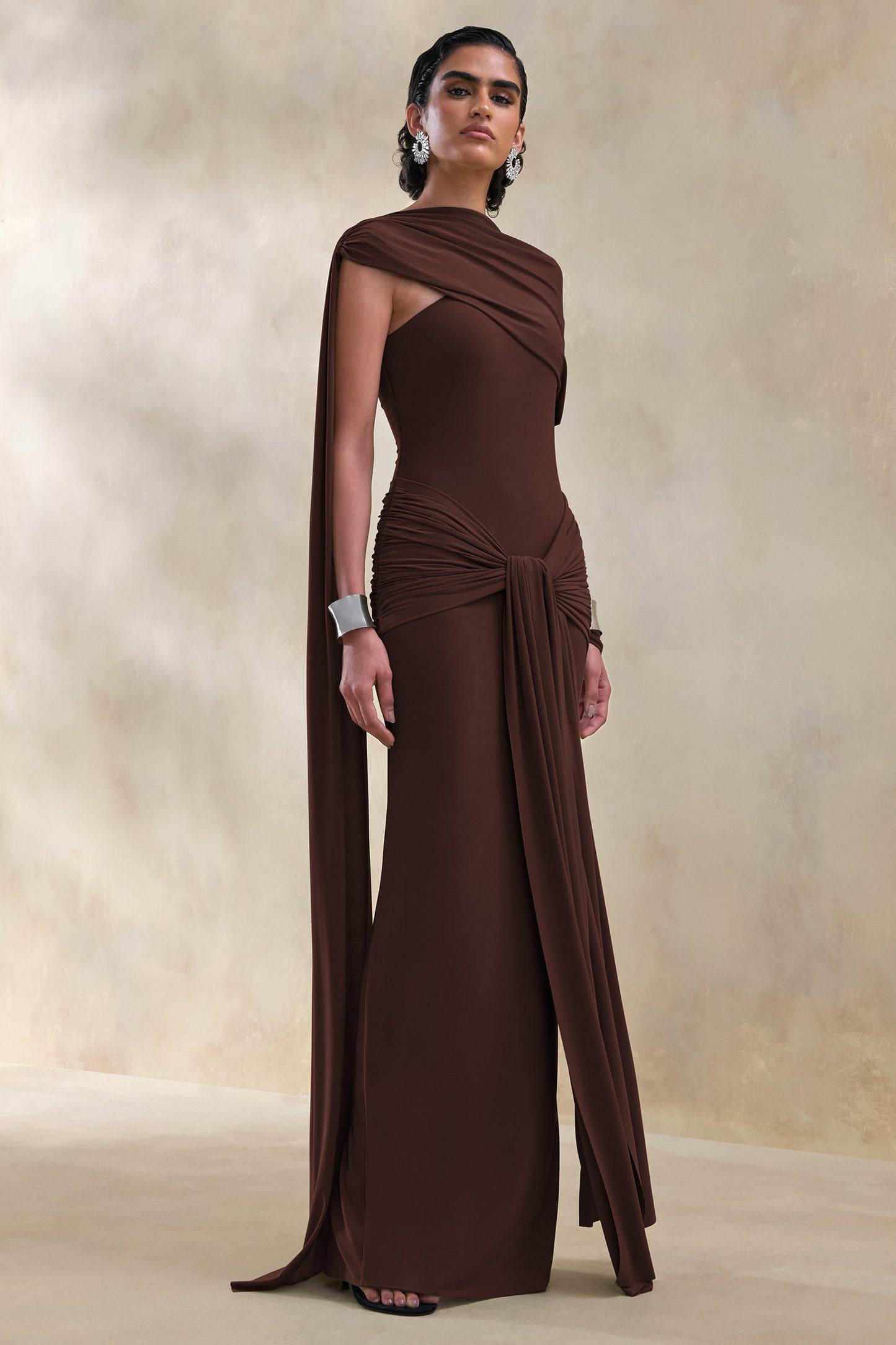 Trisara | Brown Asymmetric-Neck Maxi Dress With Gathered-Detailing And Sash
