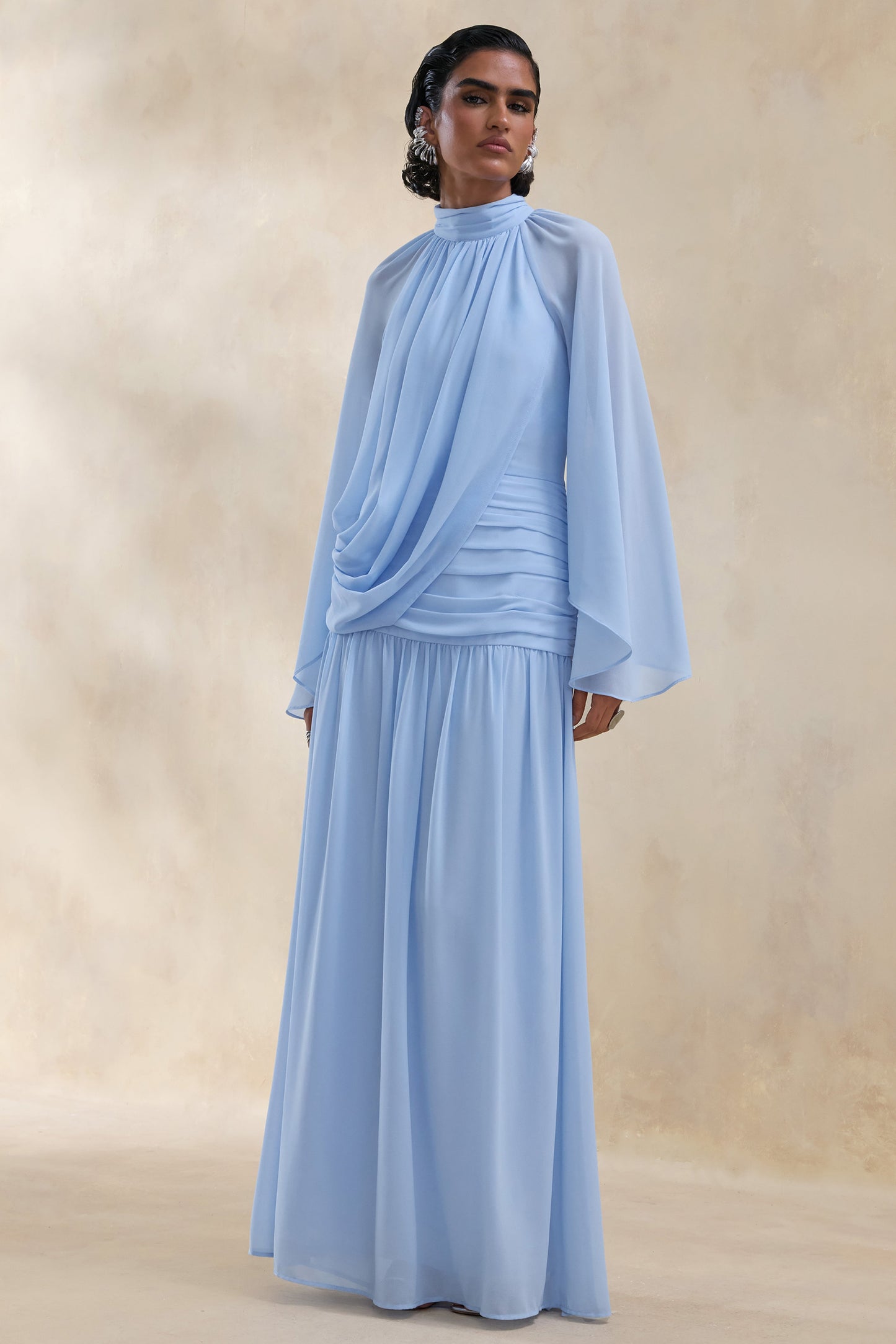 Narella | Blue Chiffon High-Neck Maxi Dress With Draped-Detailing