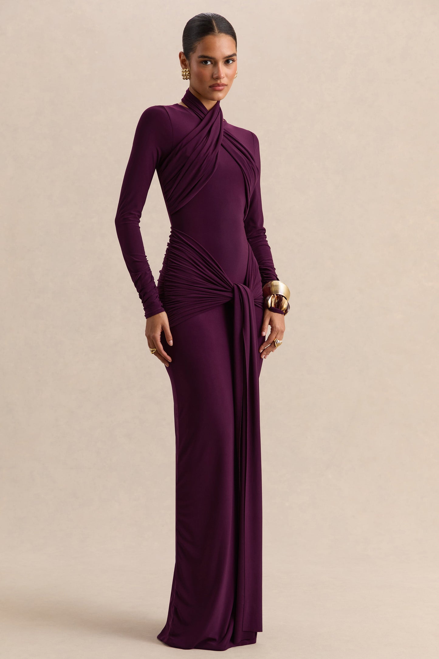 Linessa | Dark Plum High-Neck Maxi Dress With Sash And Gathered-Detailing