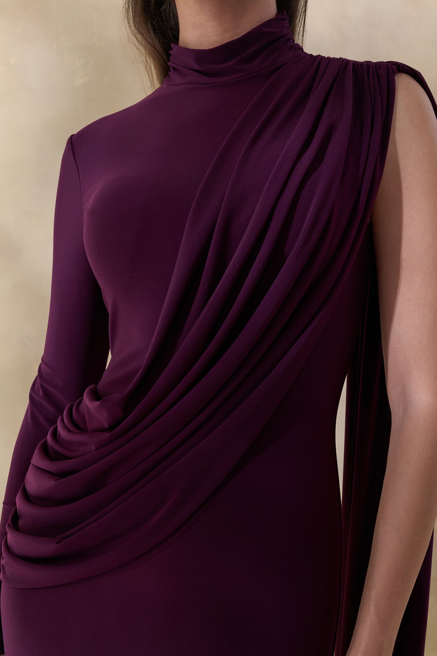Oliria | Dark Plum High-Neck Maxi Dress With One-Long Sleeve And Sash-Detail