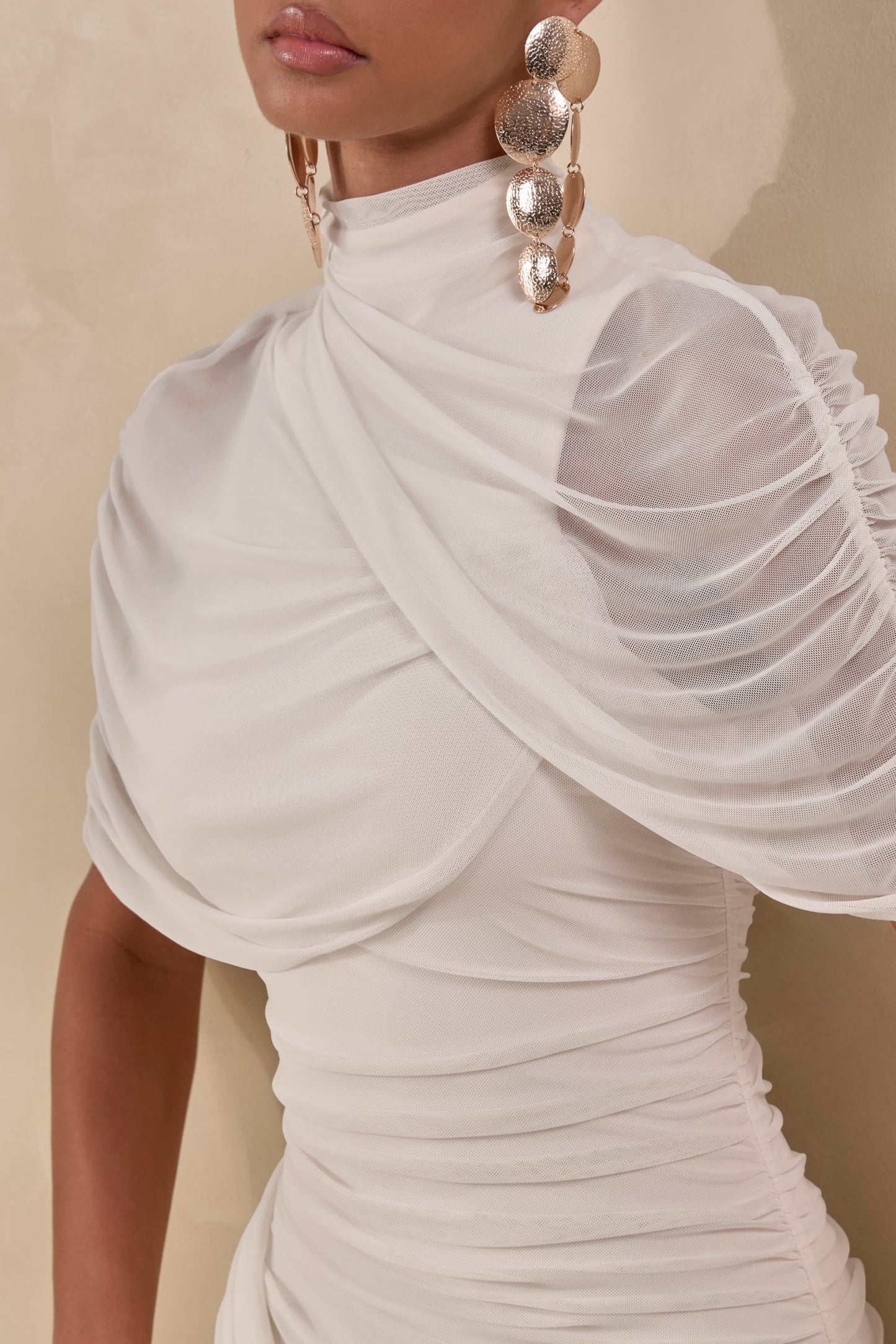 Fleurise | Cream Mesh High-Neck Midi Dress With Short Cape-Sleeves And Gathered-Detailing
