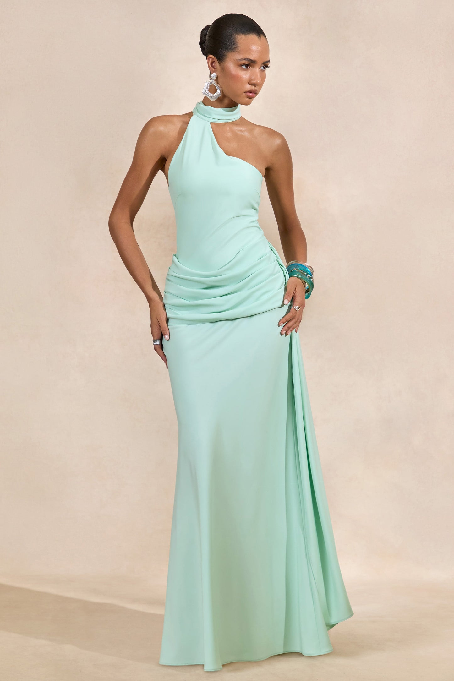 Aevina | Mint Satin Asymmetric-Neck Maxi Dress With Scarf-Detail