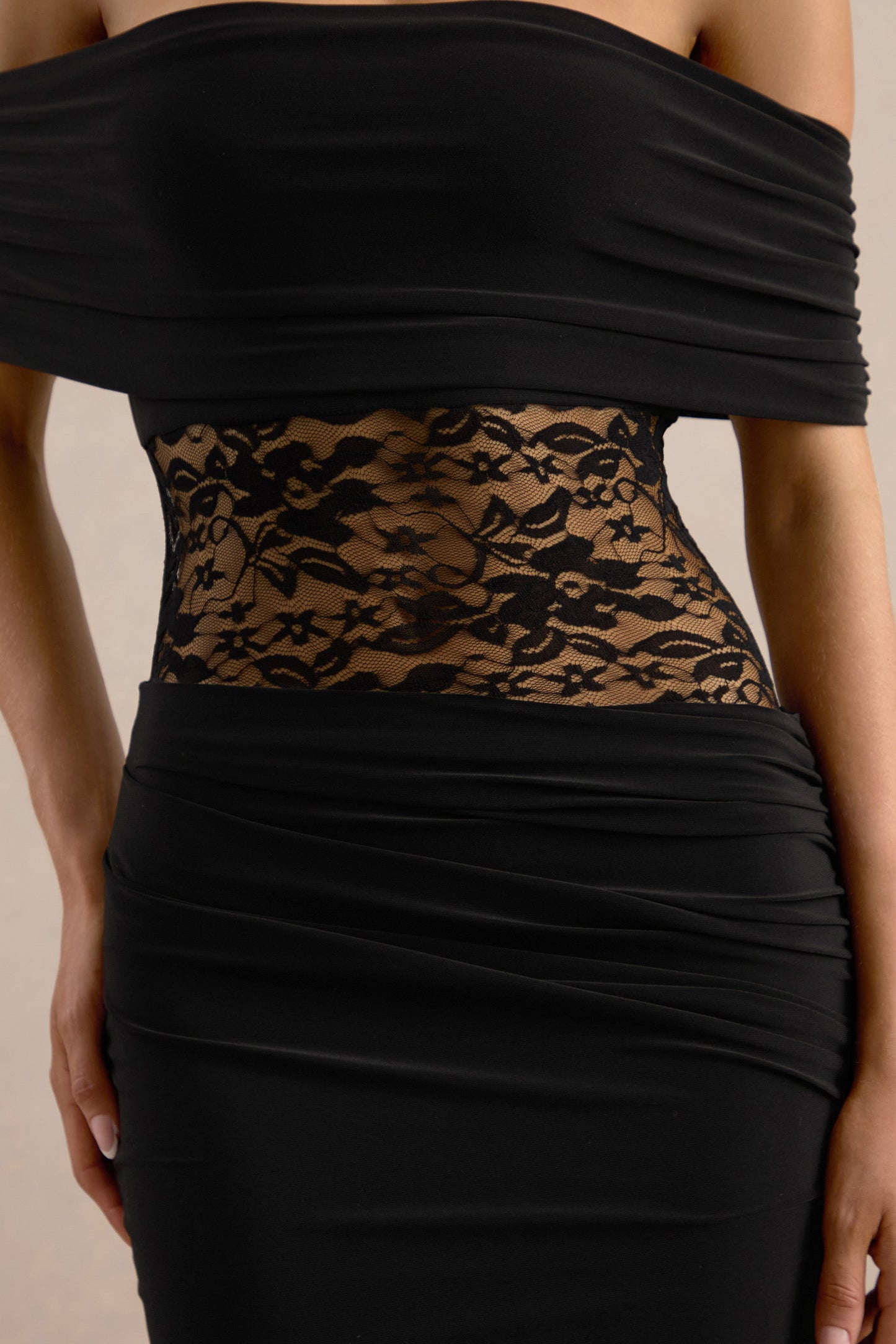 Forsya | Black Bardot-Neck Maxi Dress With Lace-Detailing