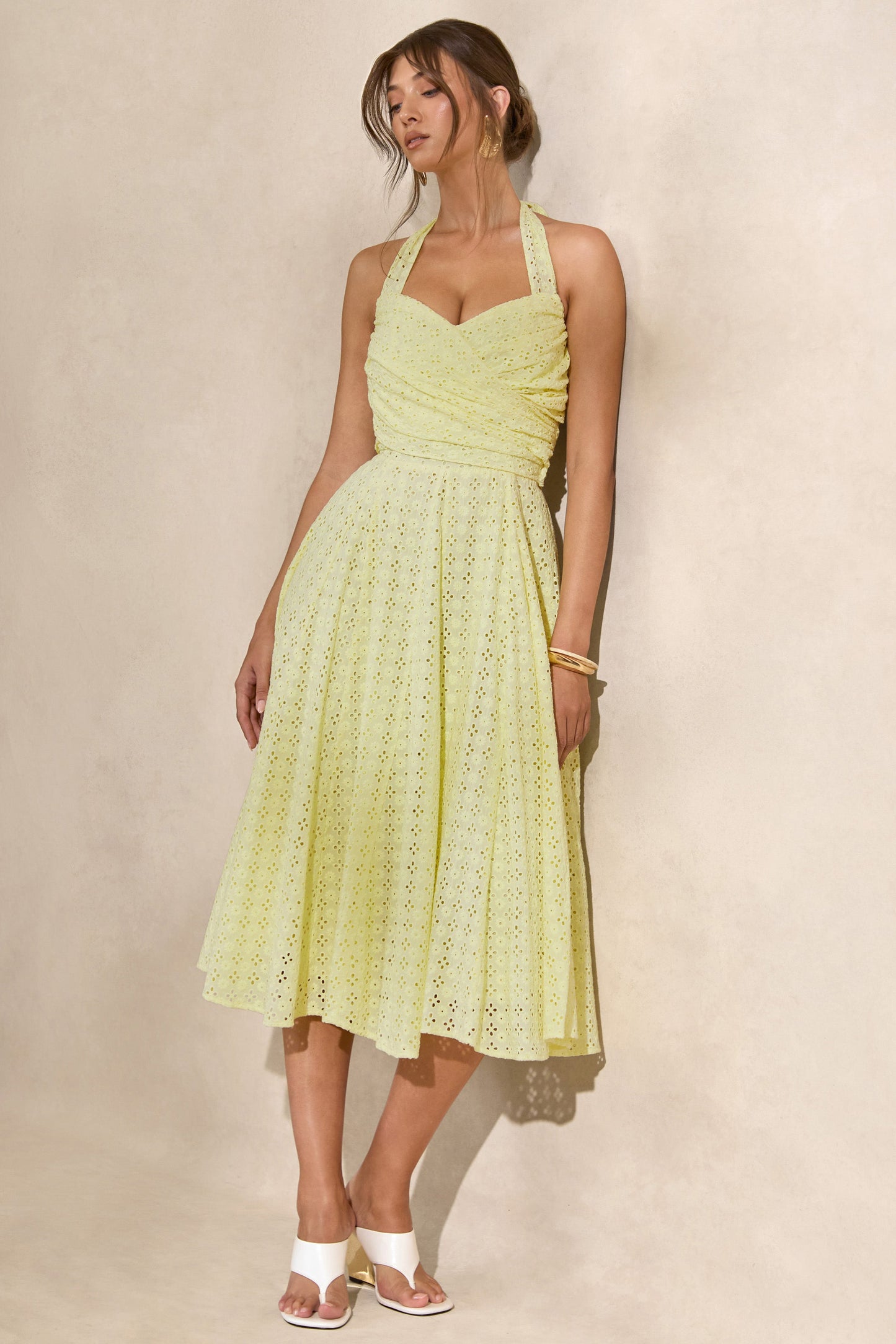 Naz | Lemon Broderie Halter-Neck Midi Dress