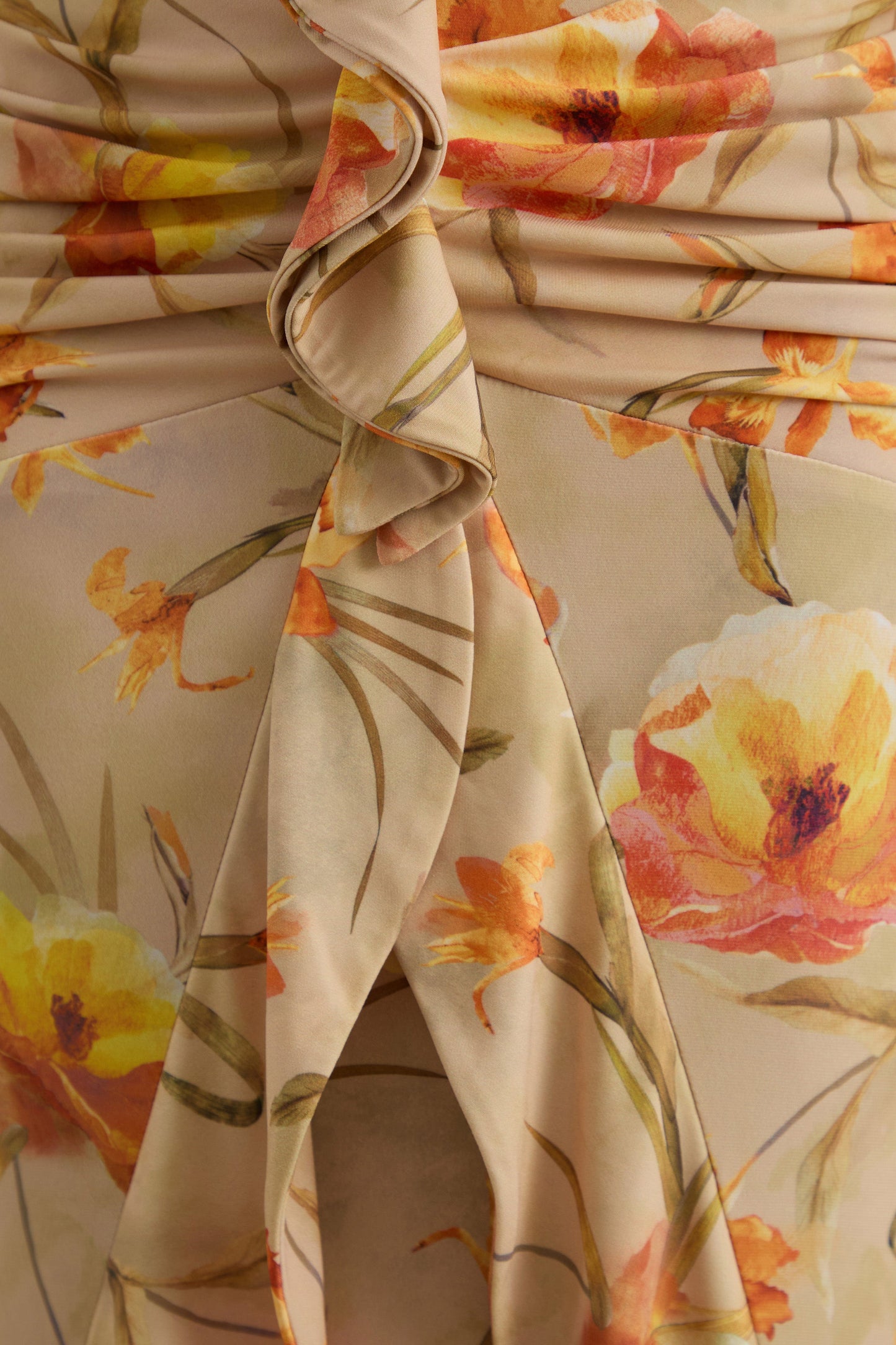 Amali | Orange Floral V-Neck Maxi Dress With Ruffled Detailing