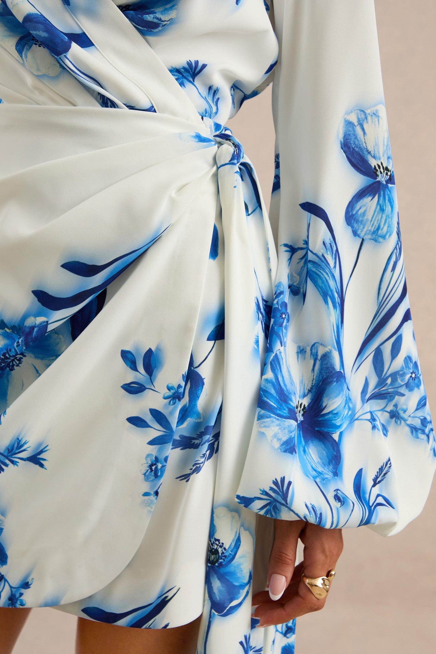 Itzara | Blue Floral Print Plunge-Neck Wrap Dress With Belt Detail