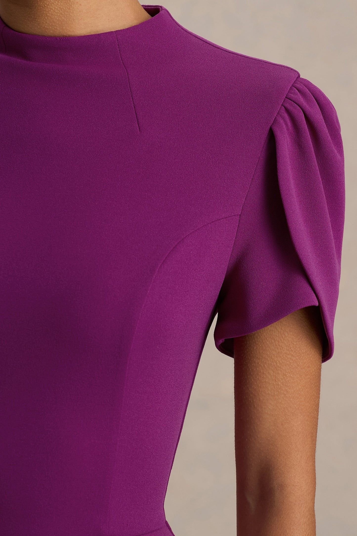 Vicky | Plum High Neck Midi Dress With Puff Sleeves