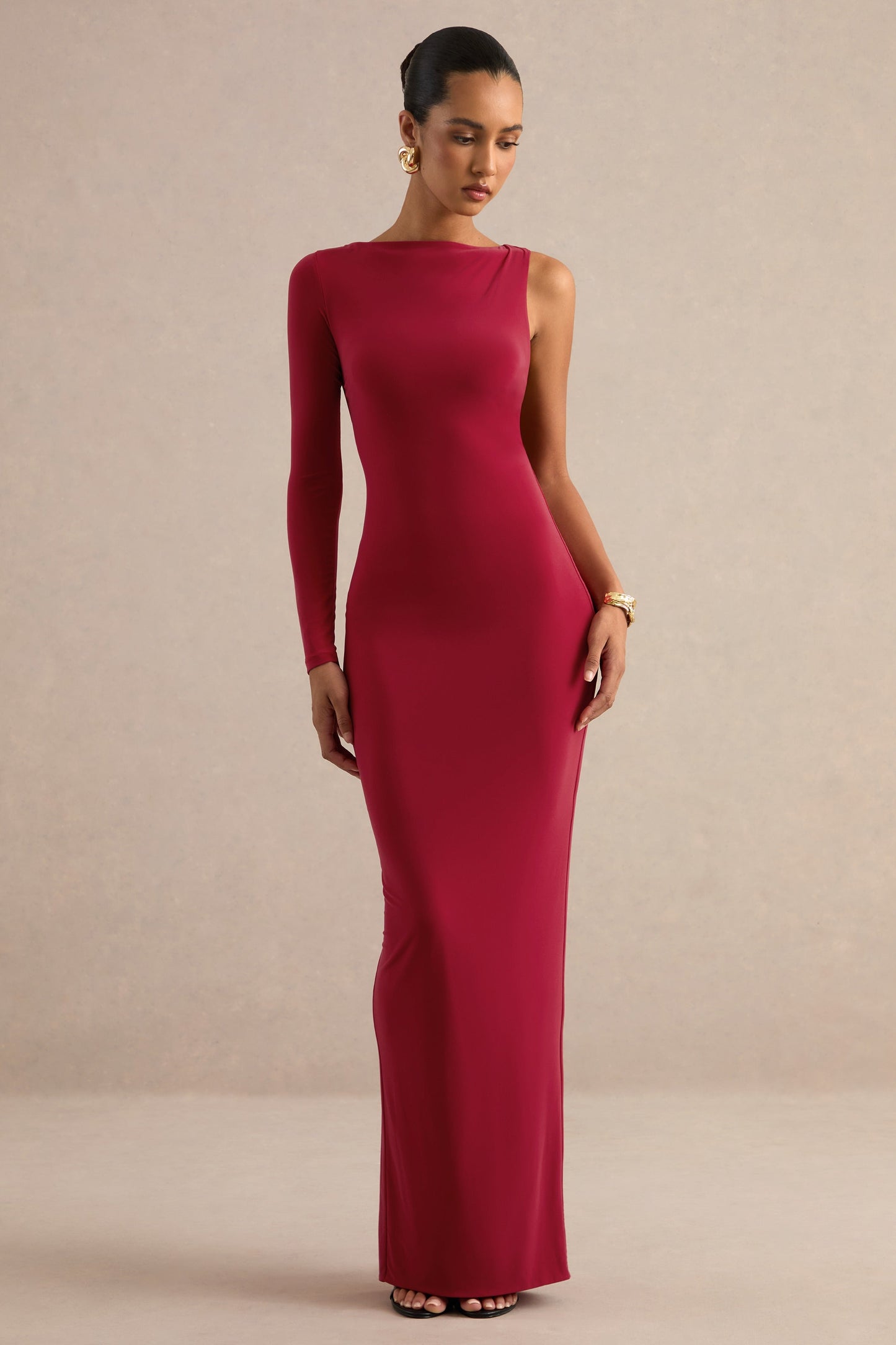 Kestrel | Red Round-Neck One Sleeve Maxi Dress