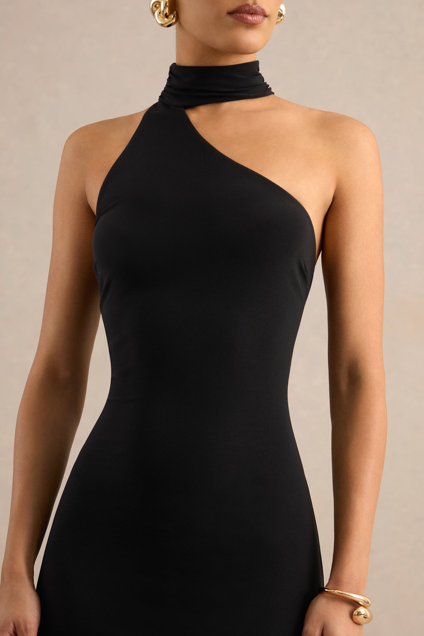 Maebelle | Black Asymmetric-Neck Maxi Dress With Collar