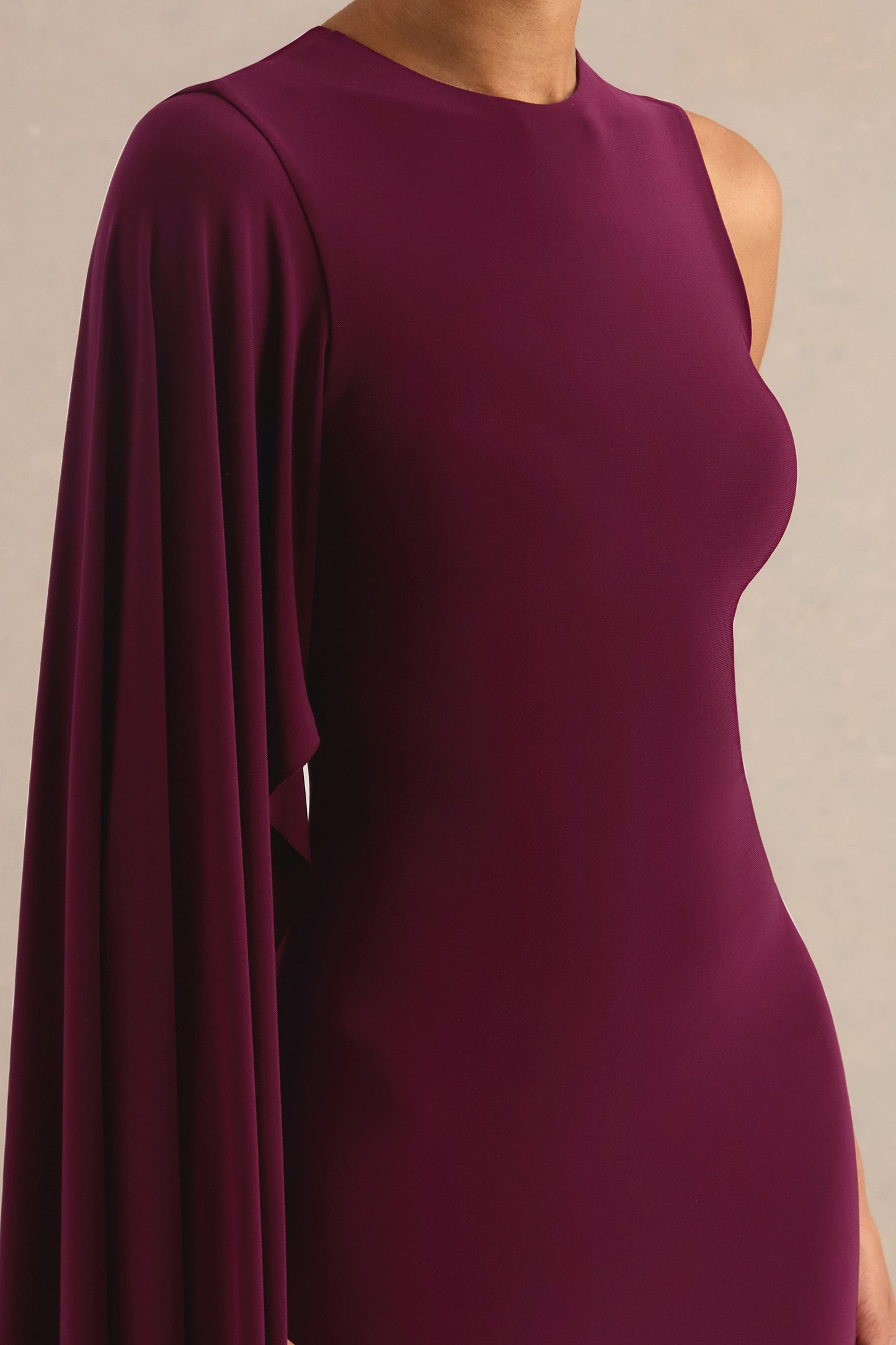 Maravelle | Burgundy Round-Neck Maxi Dress With Cape Sleeve