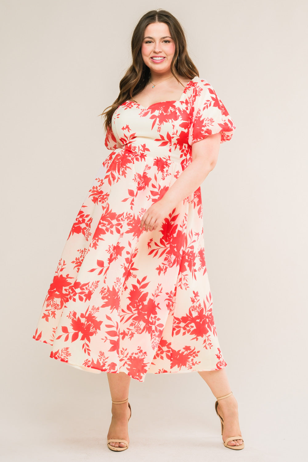 COTTAGE GARDEN PUFF SLEEVE MIDI DRESS RED