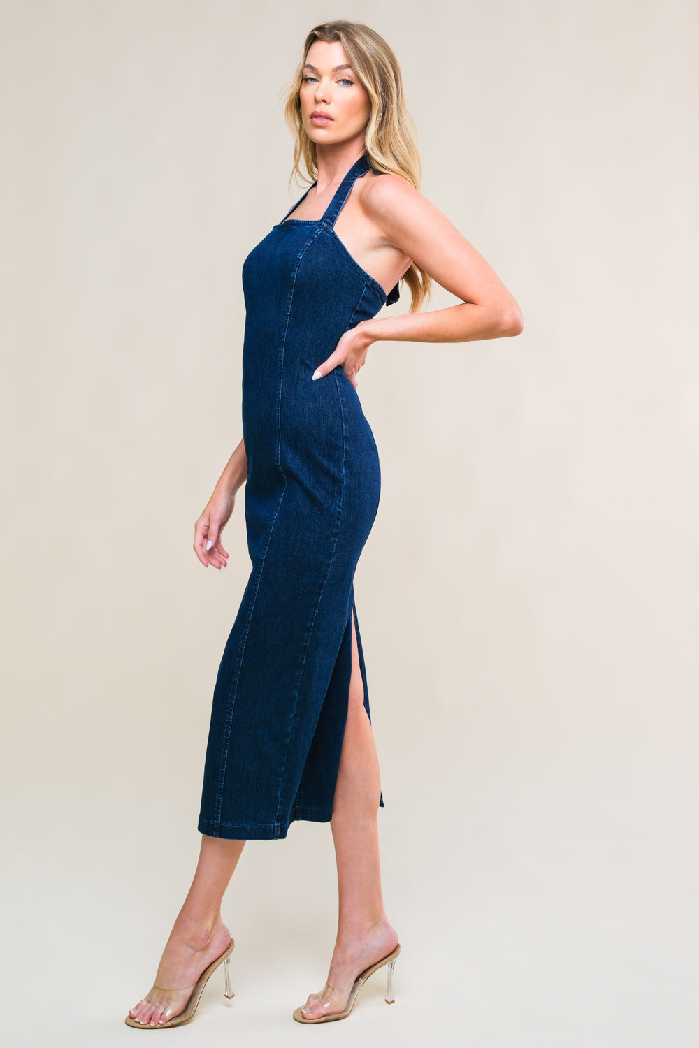 SO QUINTESSENTIAL FITTED HALTER NECK DENIM DRESS