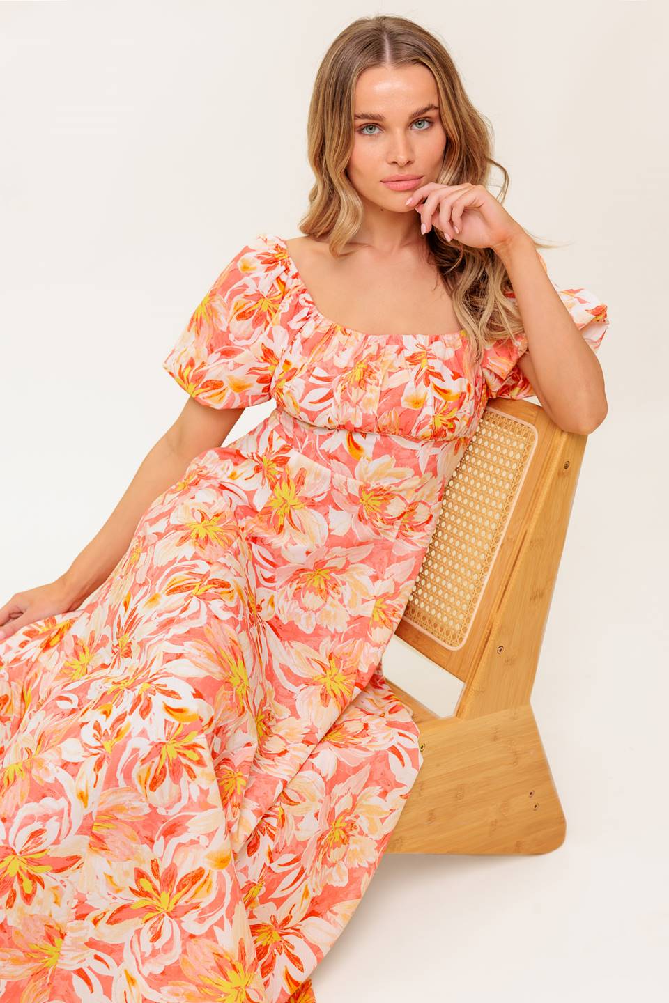 ISLAND FLOWERS PUFF SLEEVE MIDI DRESS CORAL FINAL