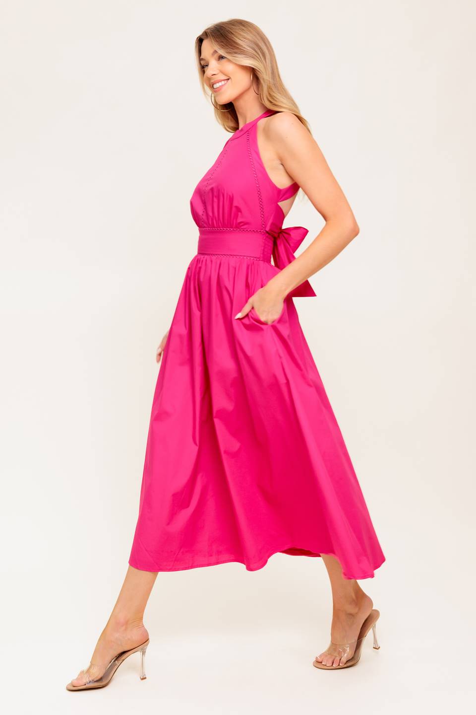 SOLEIL FUCHSIA HALTER TIE BACK MIDI DRESS