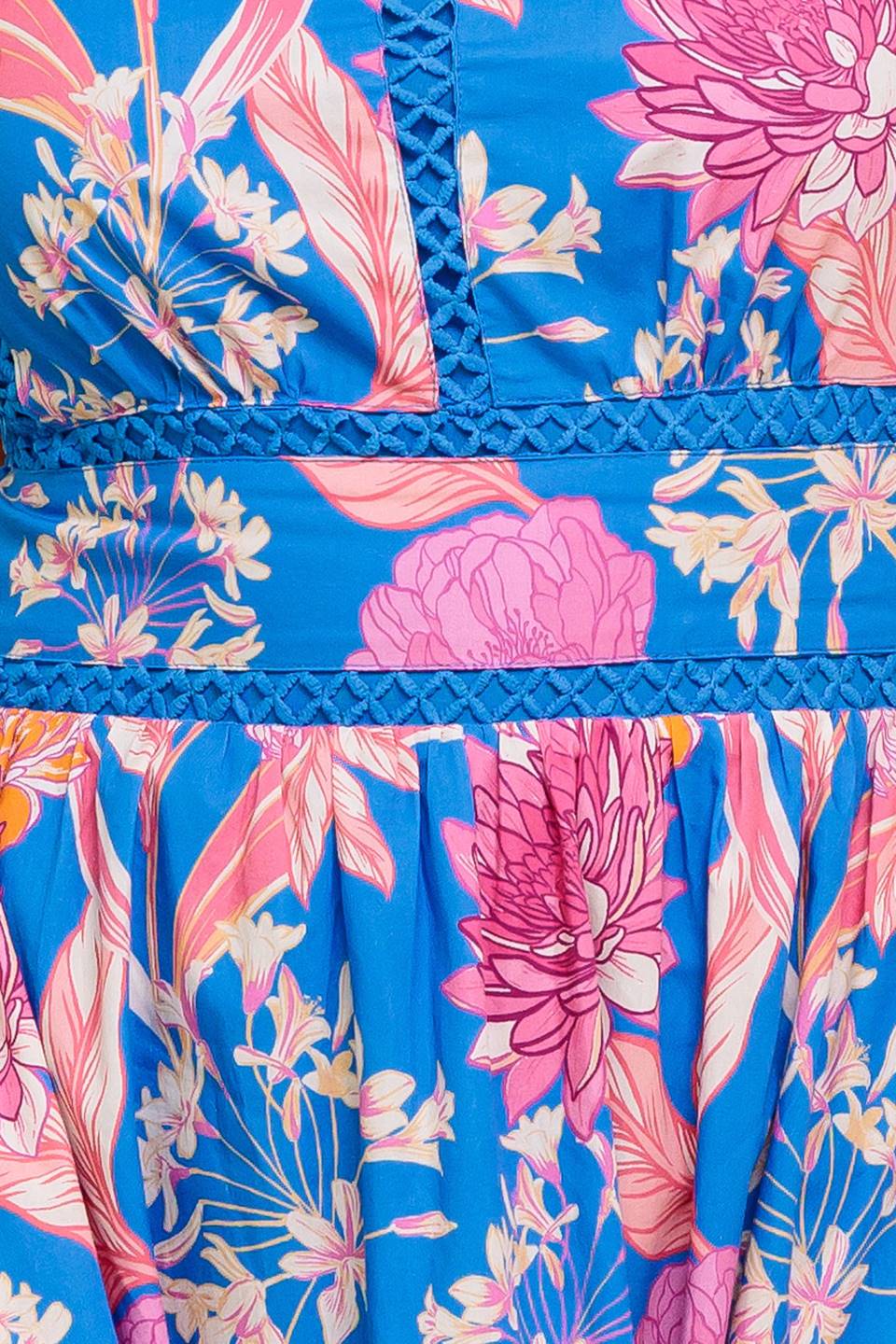 SOLANA MIDI DRESS BLUE & PINK FLORAL HALTER DRESS