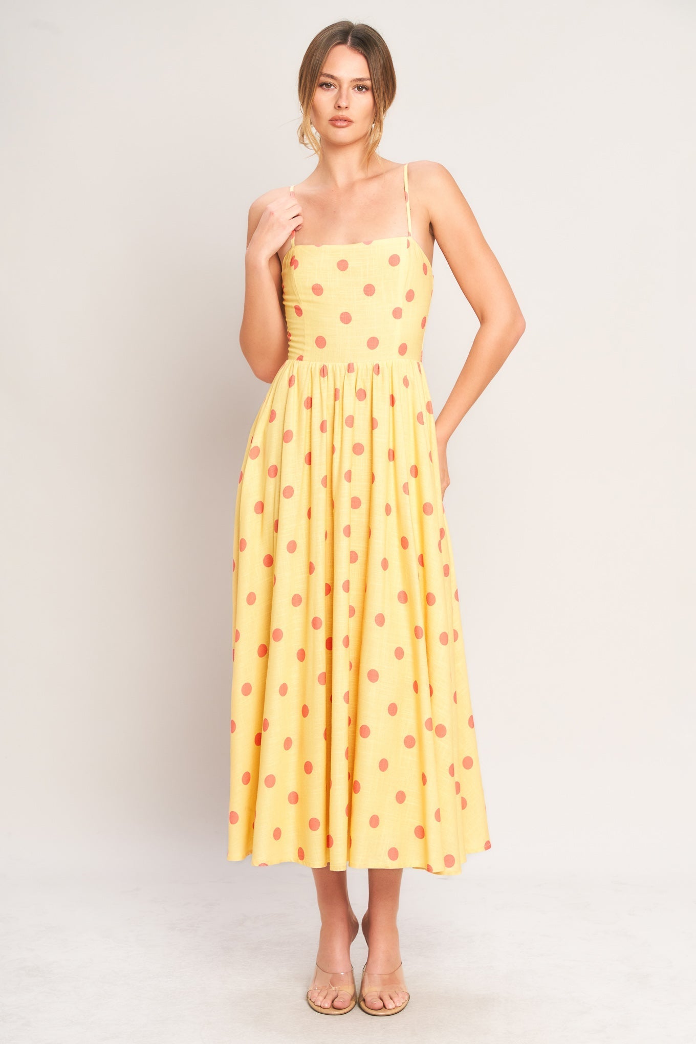 GOLDEN SUMMER POLKA DOT YELLOW MIDI DRESS