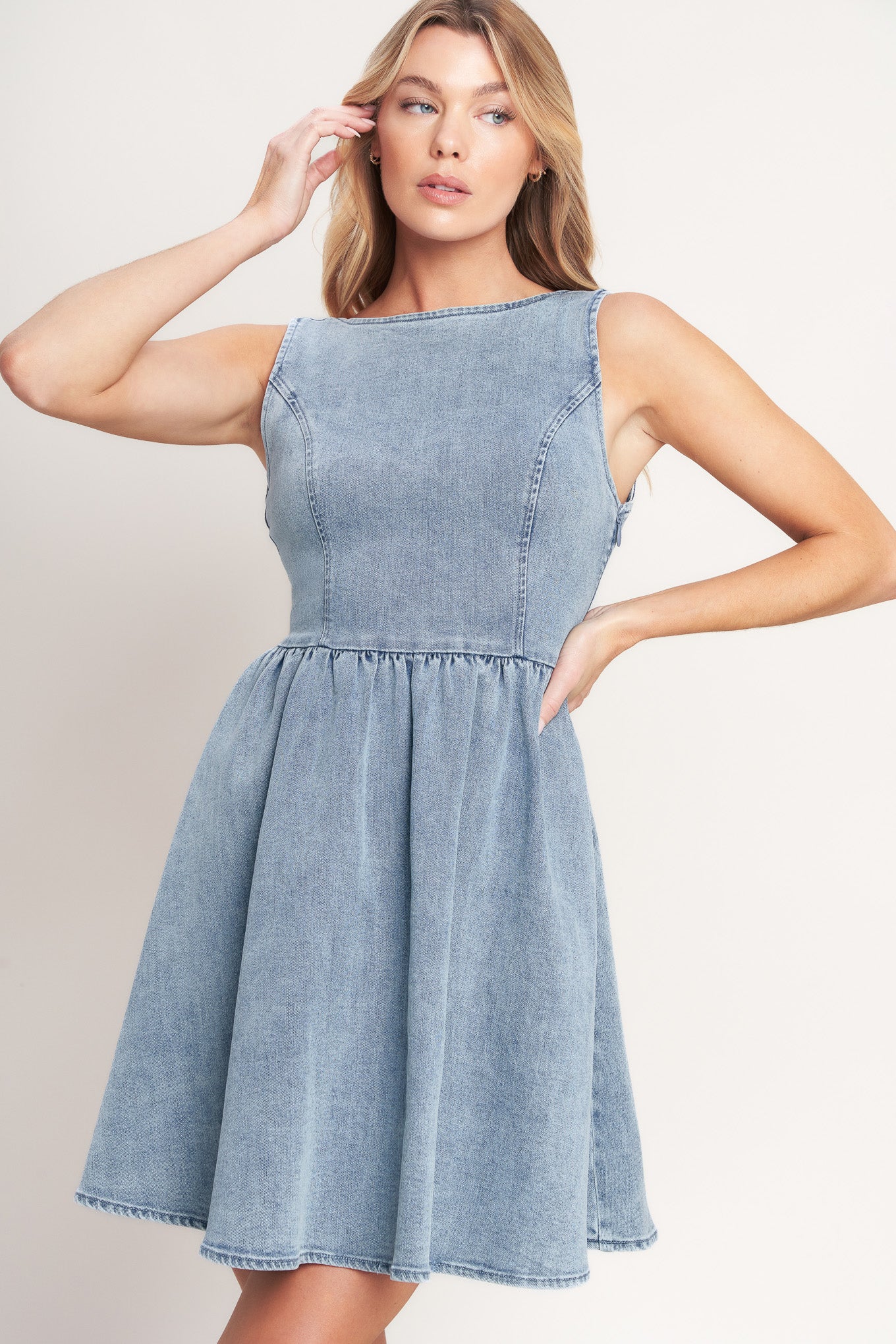 PERFECTLY POLISHED DENIM MINI DRESS WITH BOW