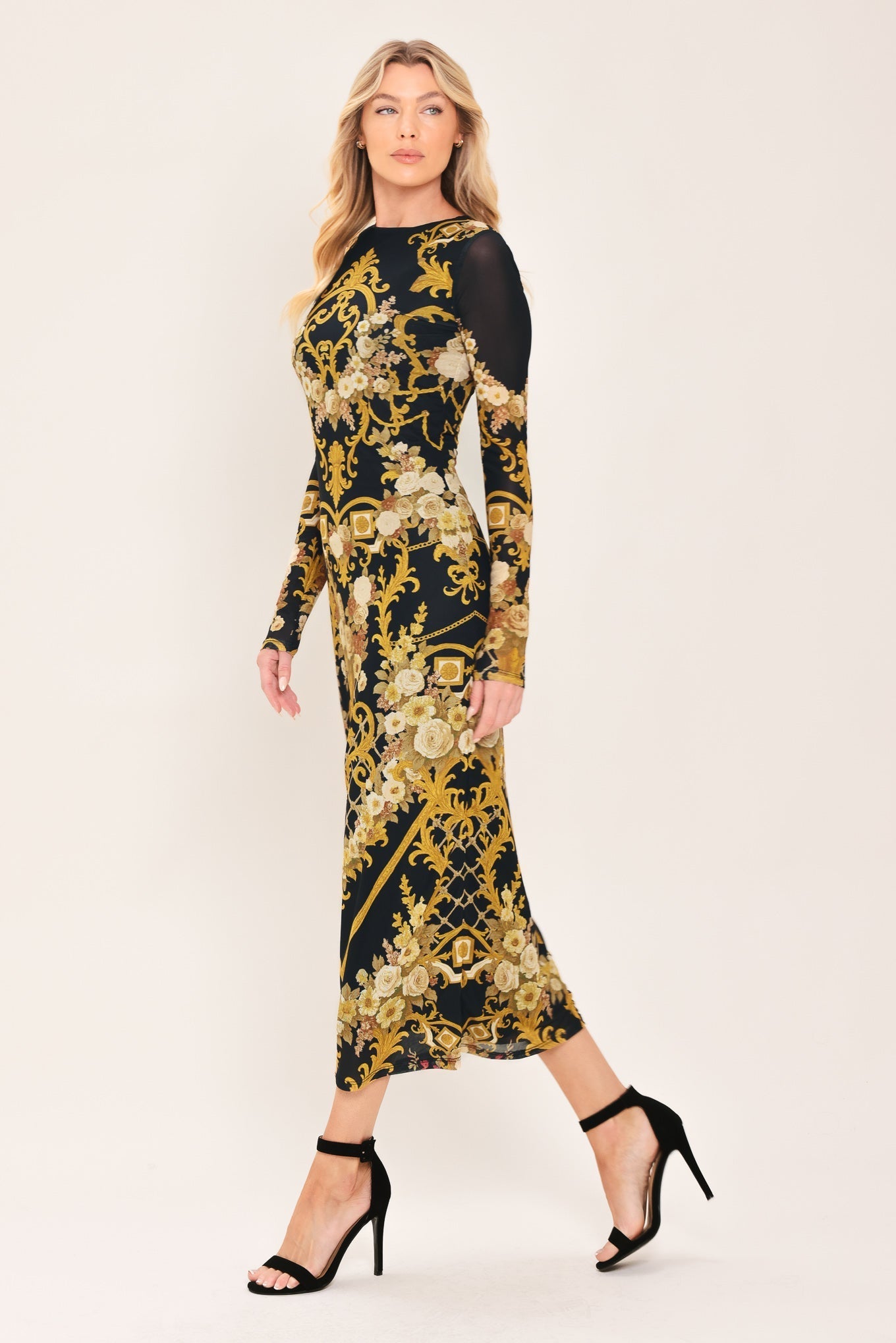 BAROQUE ROSES LONG SLEEVE POWER MESH MIDI DRESS