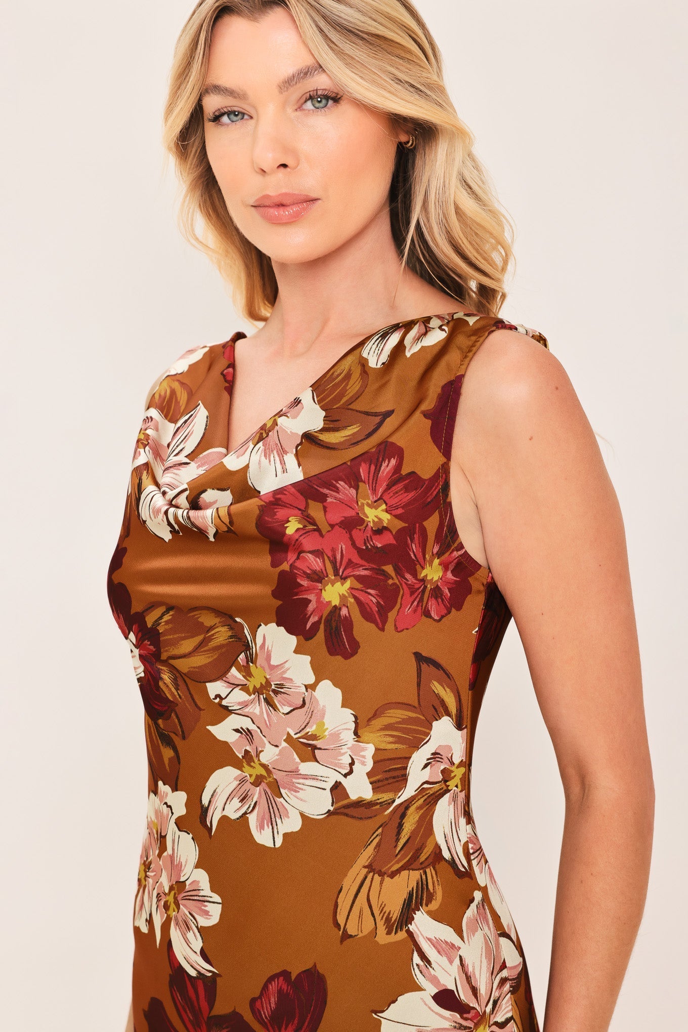 CARAMEL SPICE FLORAL COWL MIDI DRESS