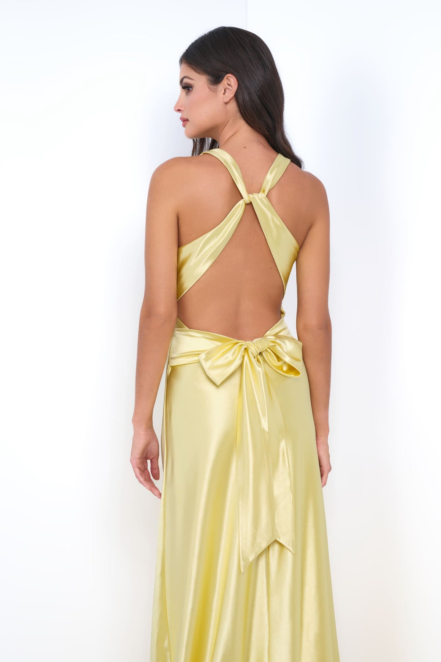Odette Maxi Dress Yellow Open Back With Adjustable Bow Tie Detail
