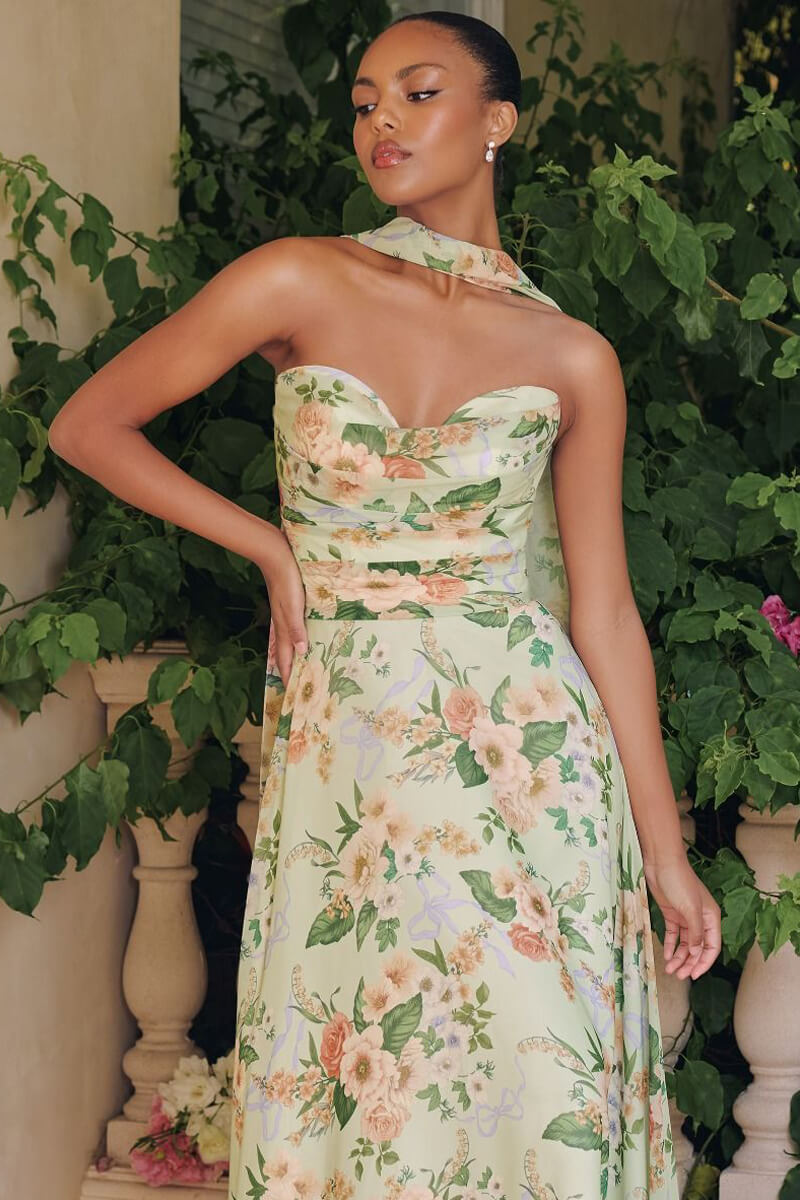 SAGE FLORAL MEADOWS GOWN STRAPLESS A- CHIFFON GOWN WITH SCARF