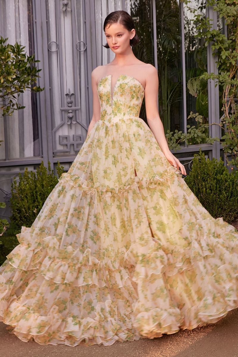 A1430 STRAPLESS FLORAL PRINTED BALL GOWN Andrea & Leo