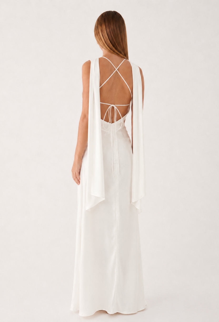 Dalia White Satin Maxi Dress with Scarf