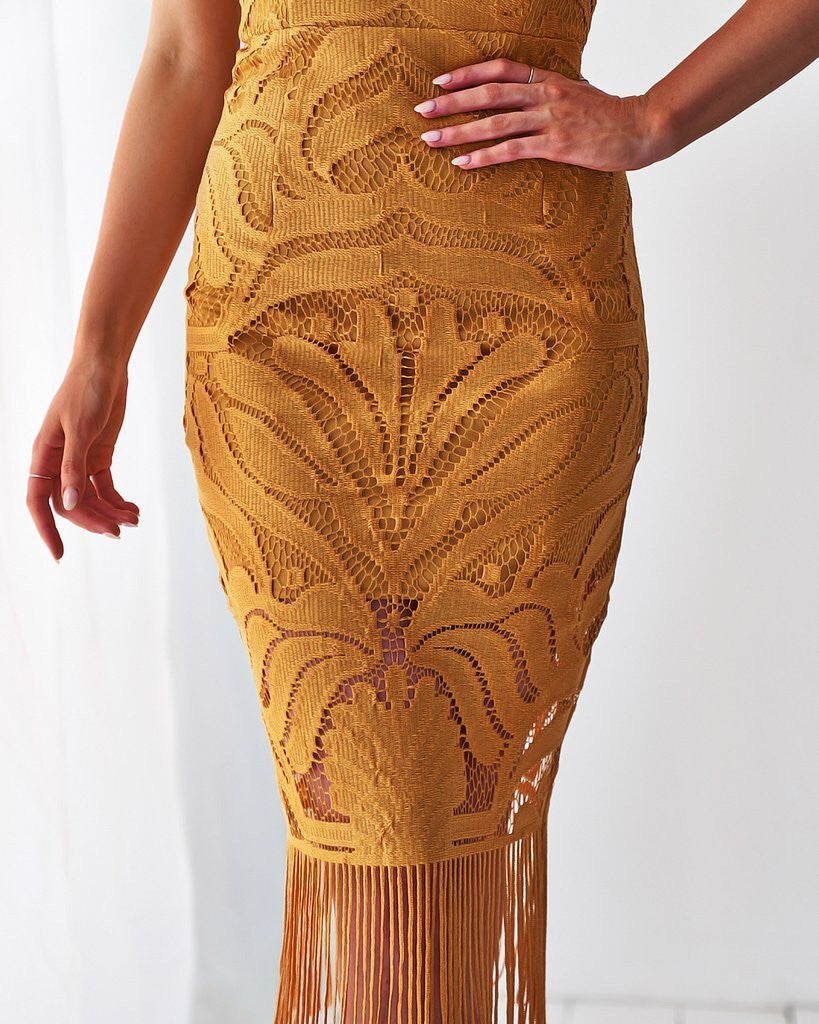 Khaleesi Dress Mustard Lace Dress With Fringe FINAL
